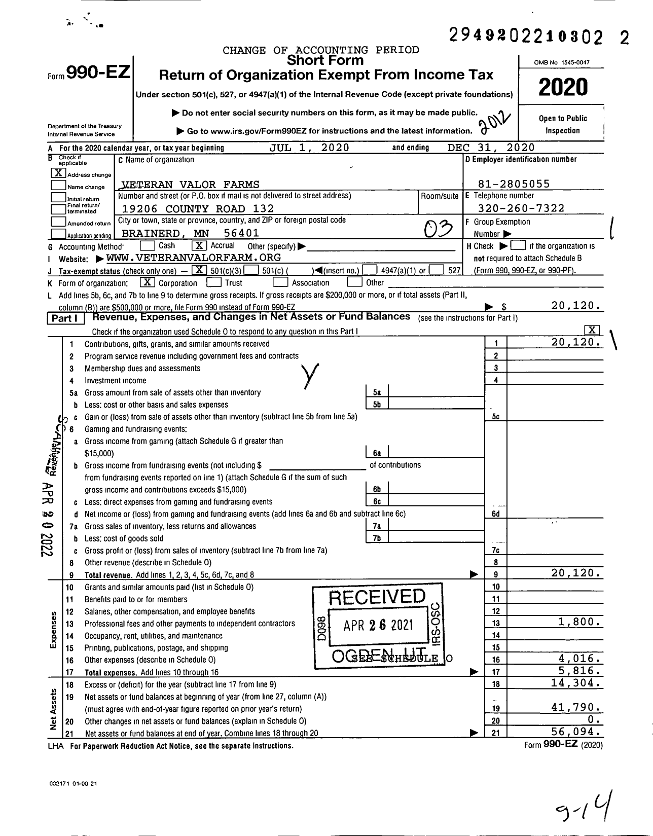 Image of first page of 2020 Form 990EZ for Veteran Valor Farms