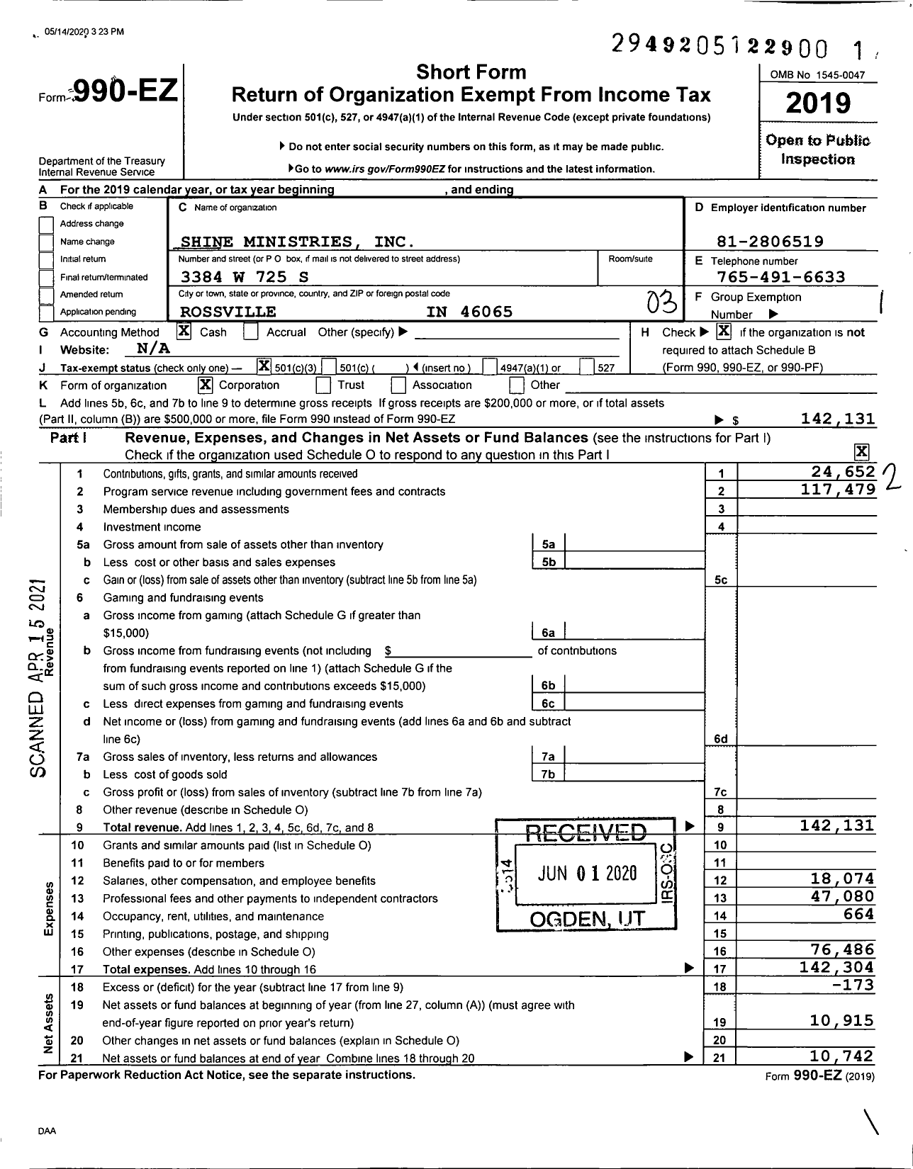 Image of first page of 2019 Form 990EZ for Shine Ministries