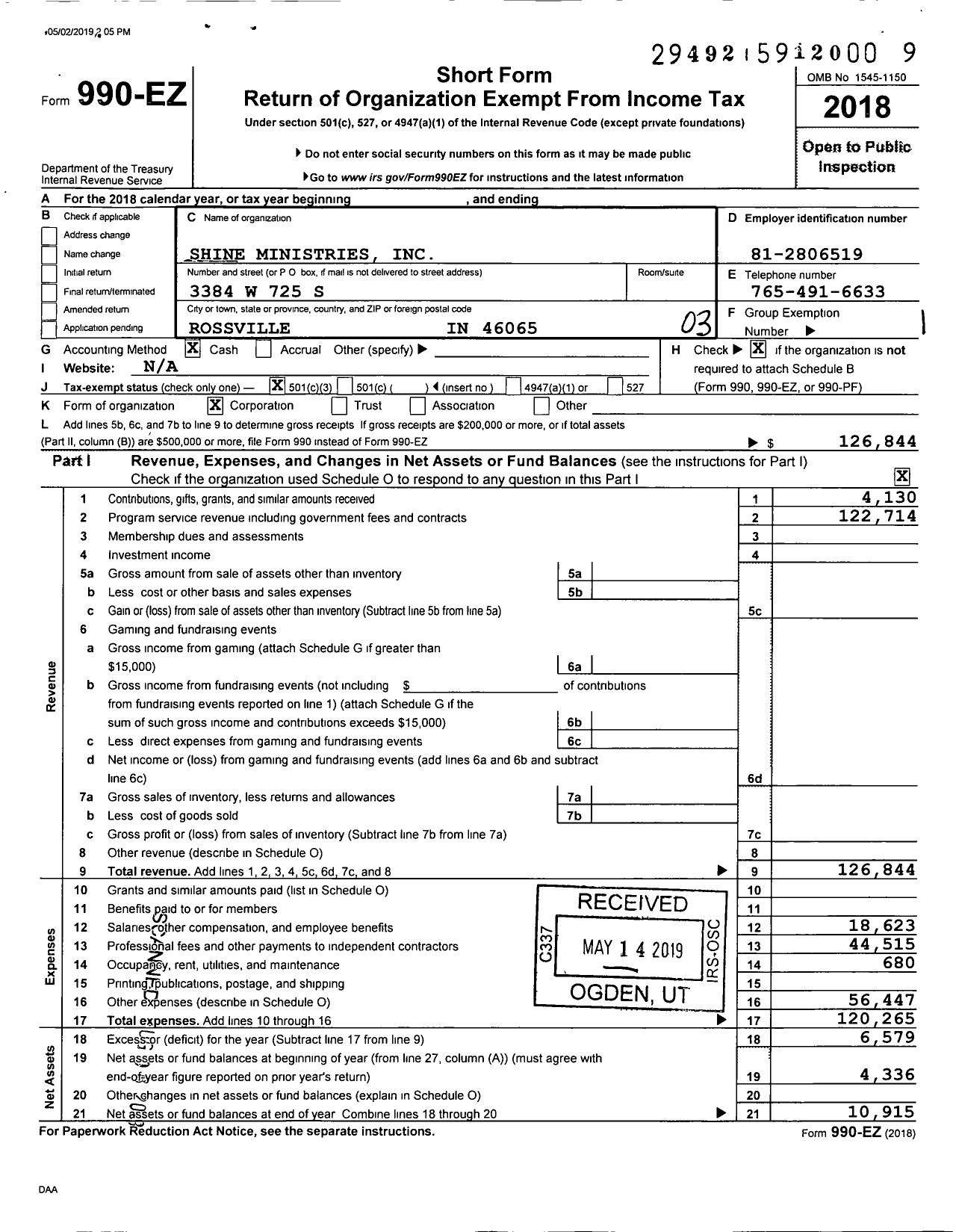 Image of first page of 2018 Form 990EZ for Shine Ministries