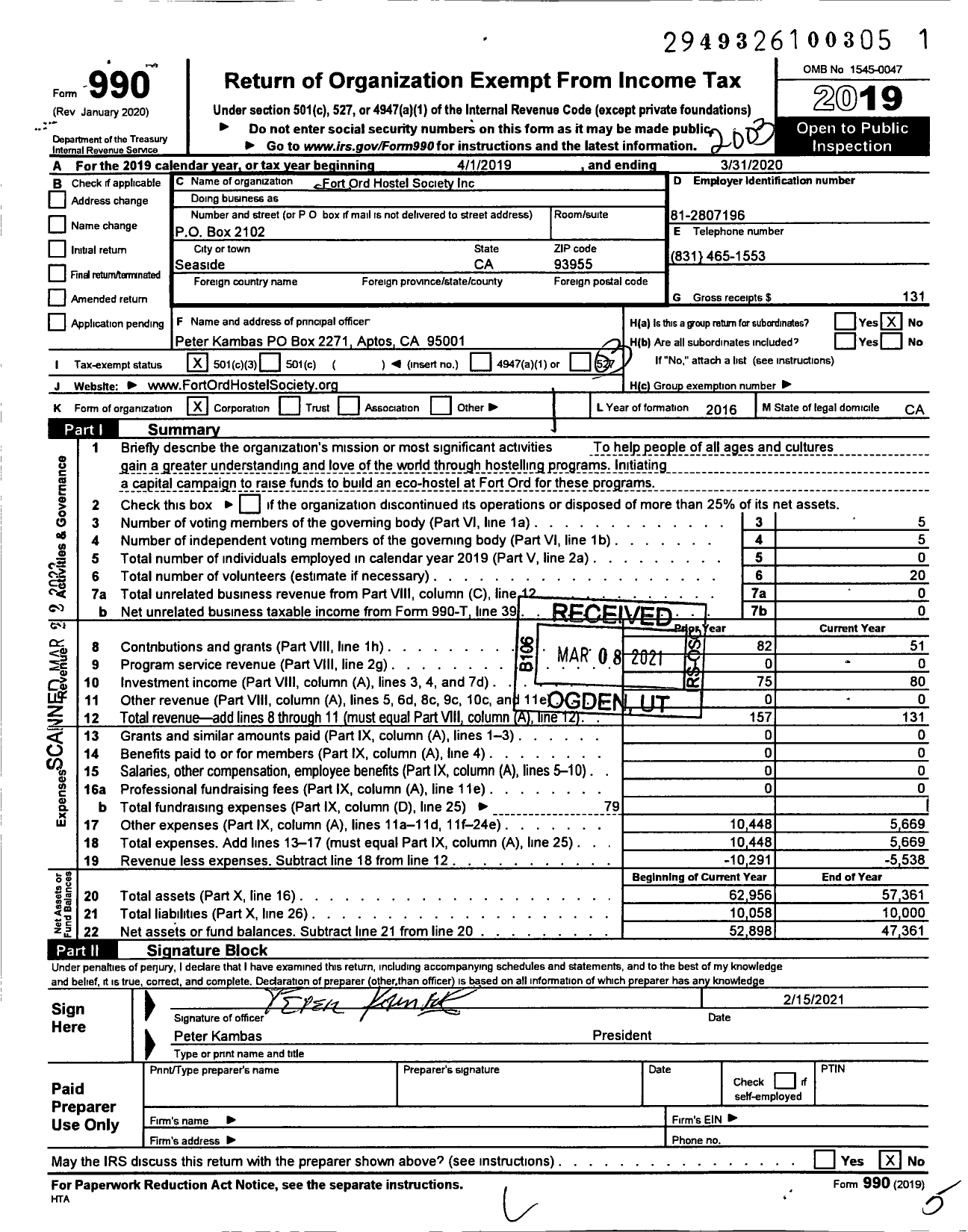 Image of first page of 2019 Form 990 for Fort Ord Hostel Society