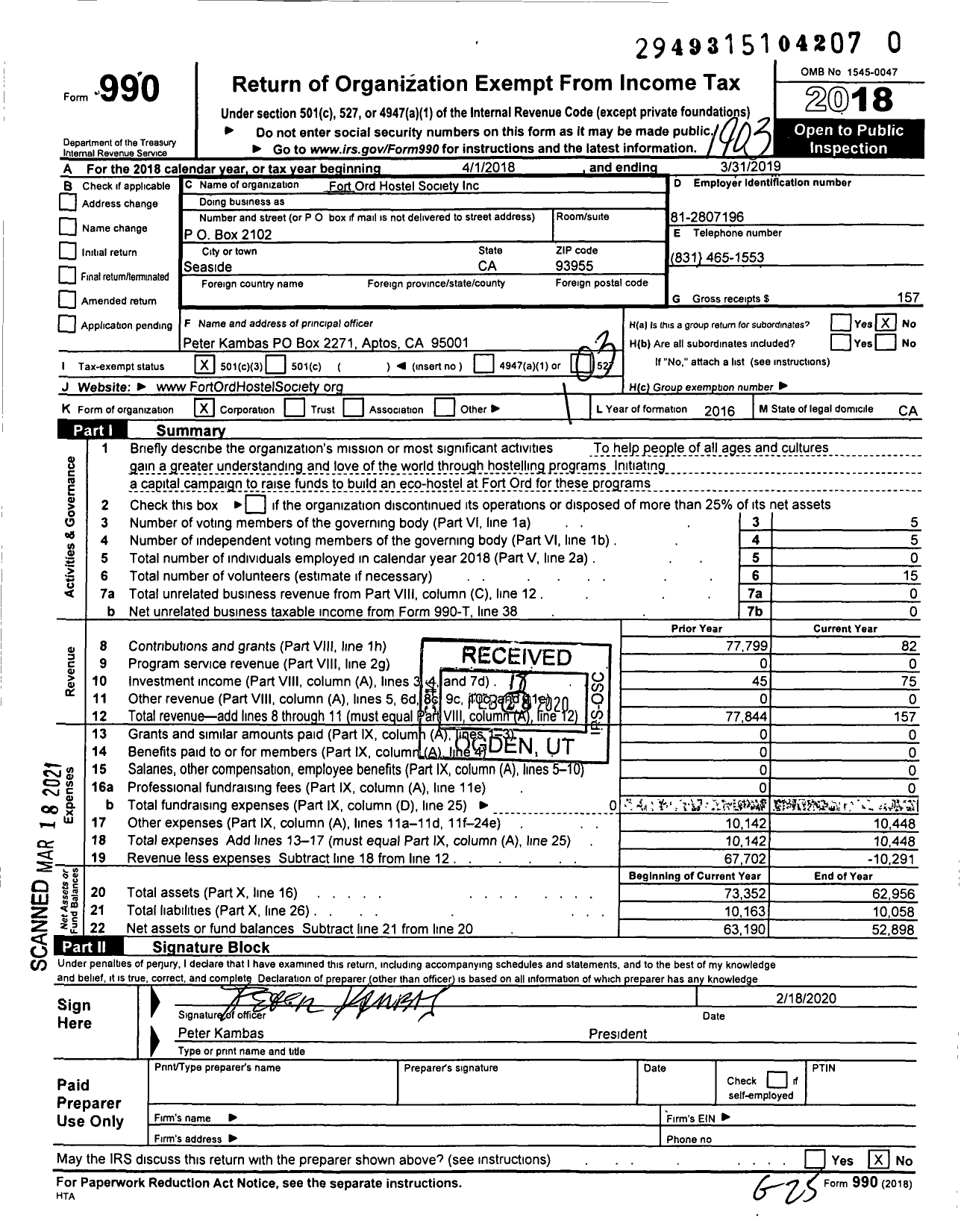 Image of first page of 2018 Form 990 for Fort Ord Hostel Society