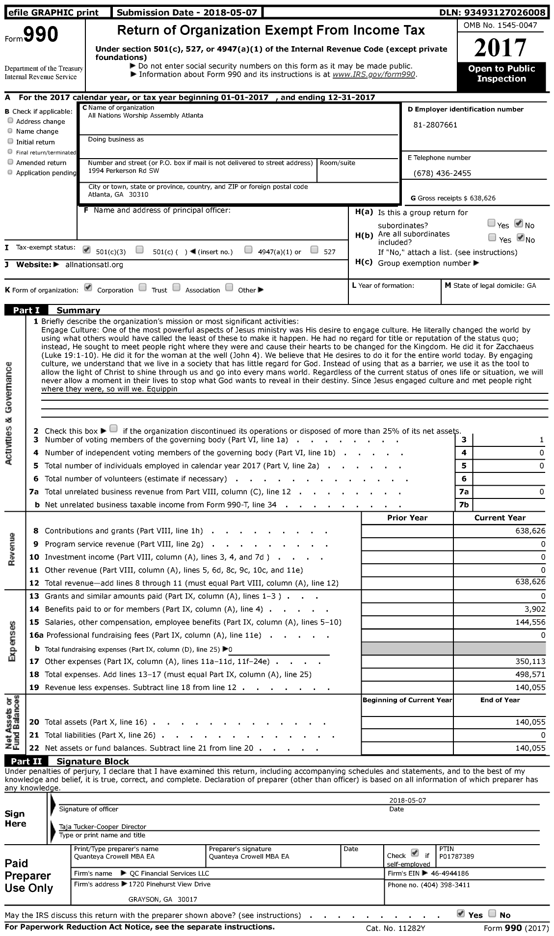 Image of first page of 2017 Form 990 for All Nations Worship Assembly Atlanta