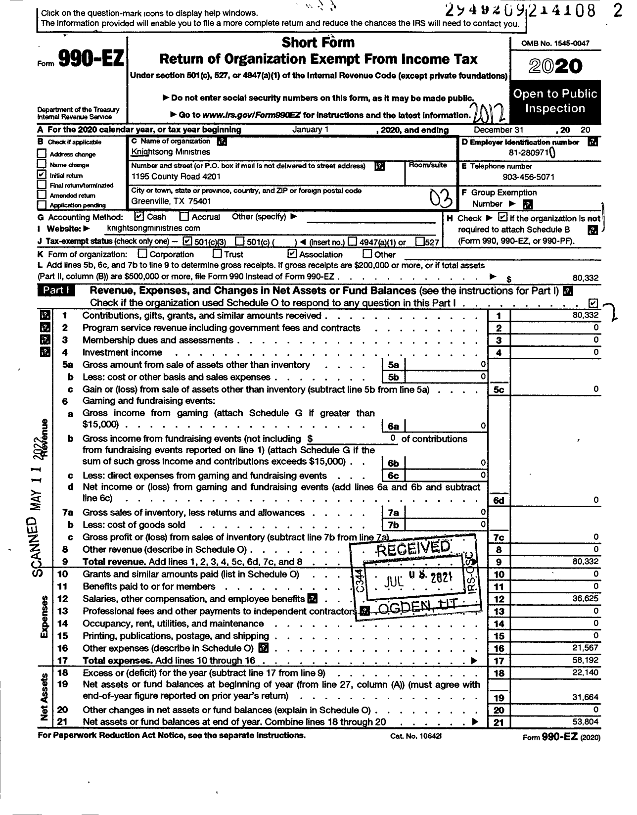 Image of first page of 2020 Form 990EZ for Knightsong Ministries