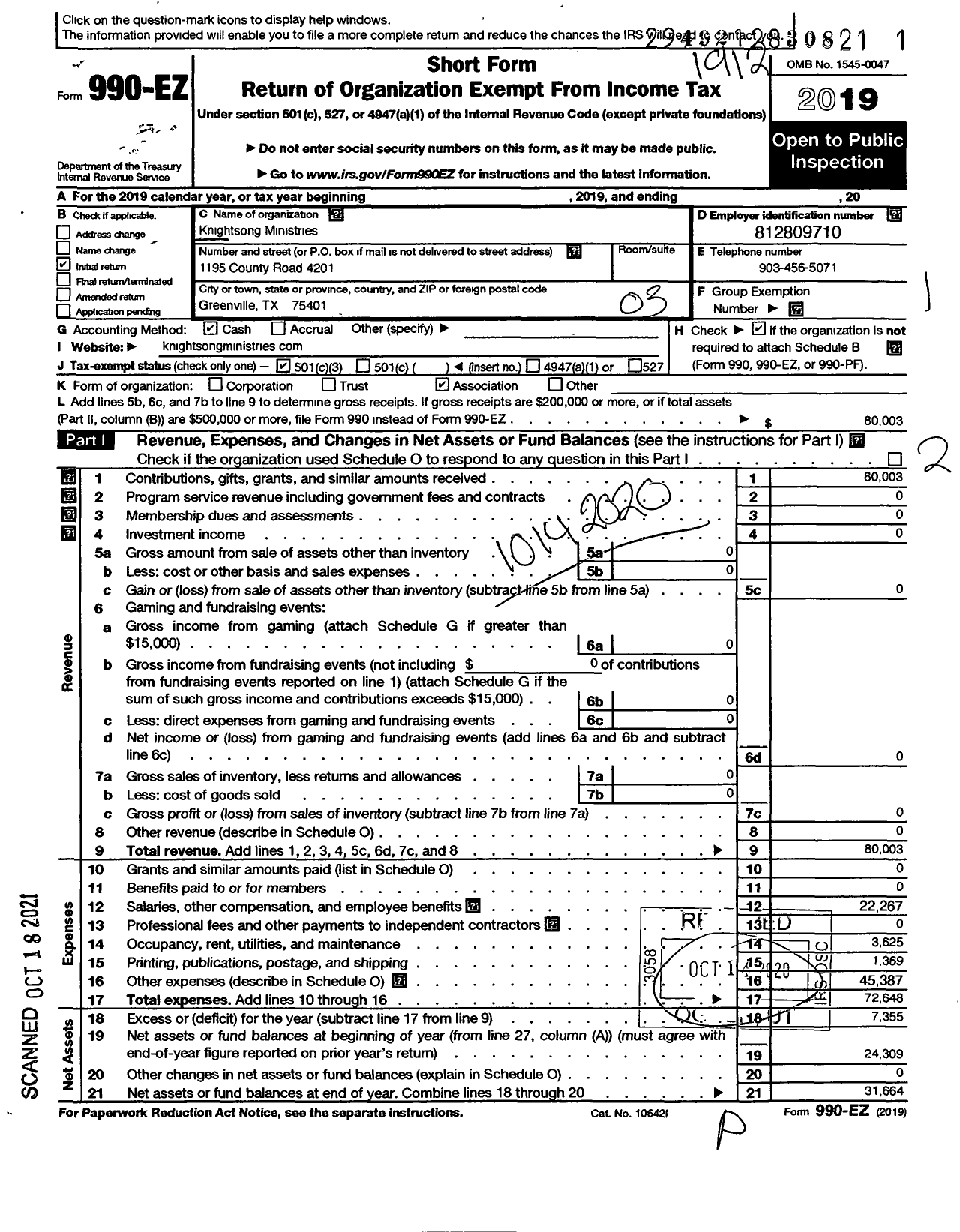 Image of first page of 2019 Form 990EZ for Knightsong Ministries