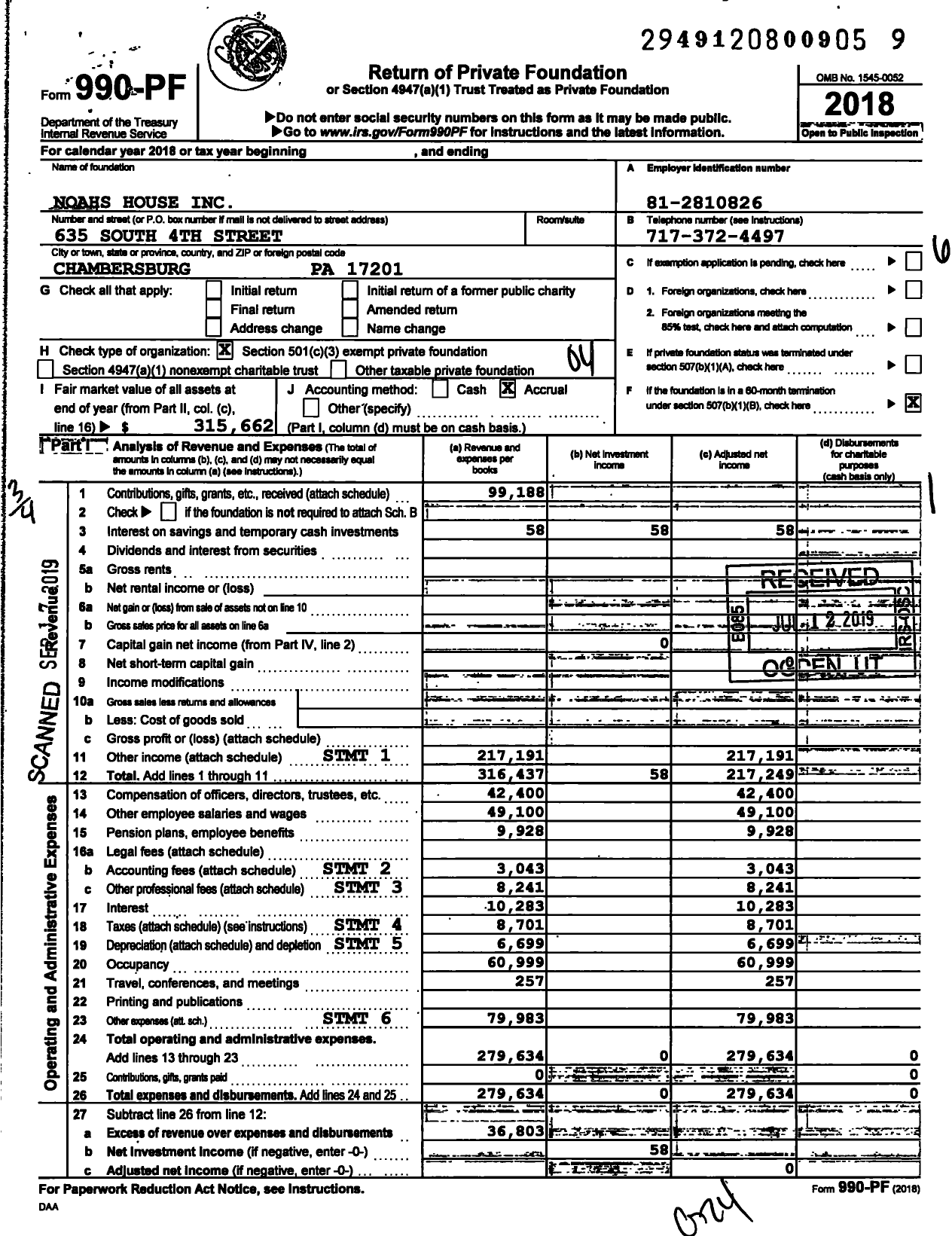 Image of first page of 2018 Form 990PF for Noahs House