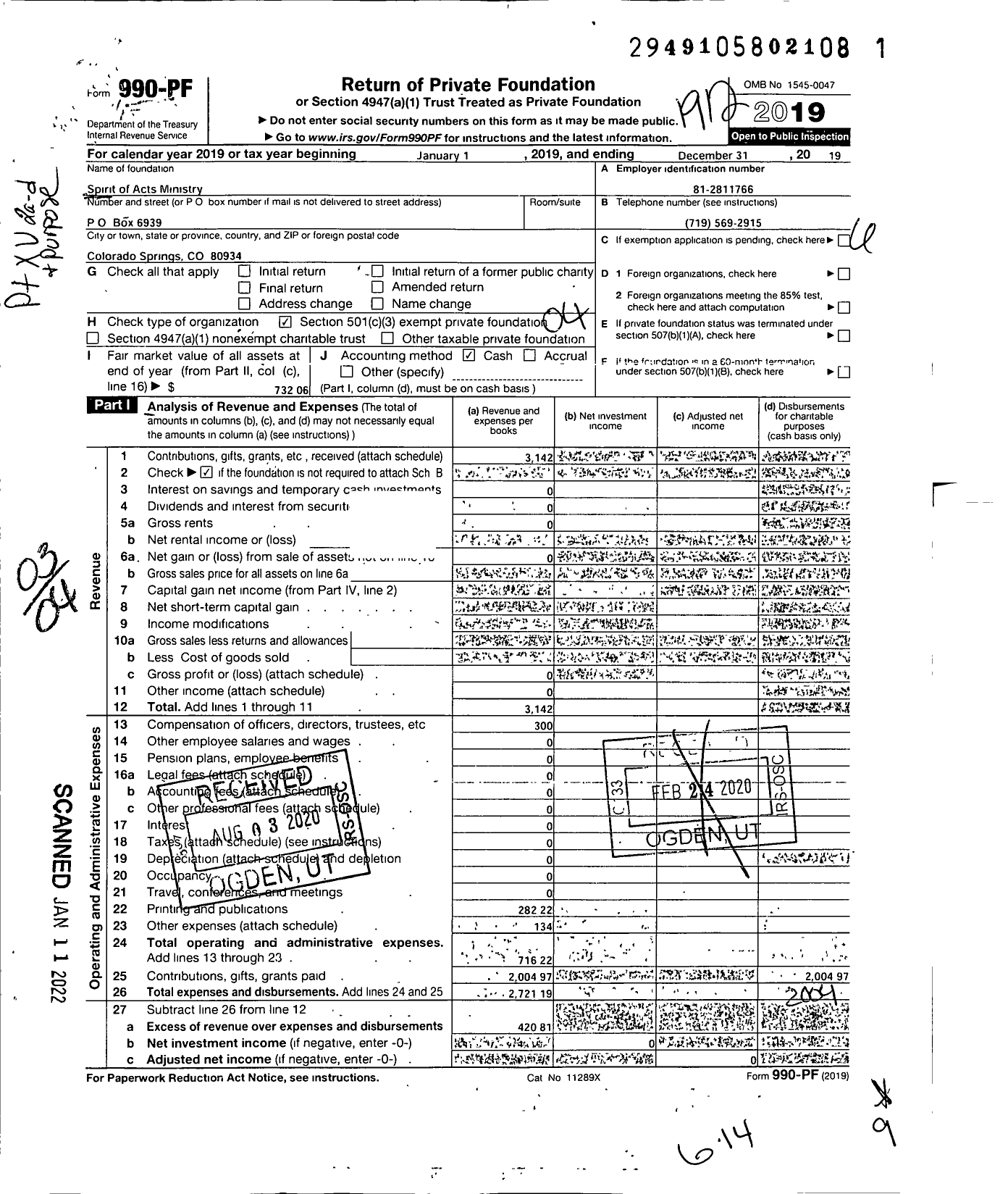 Image of first page of 2019 Form 990PF for Spirit of Acts Ministry