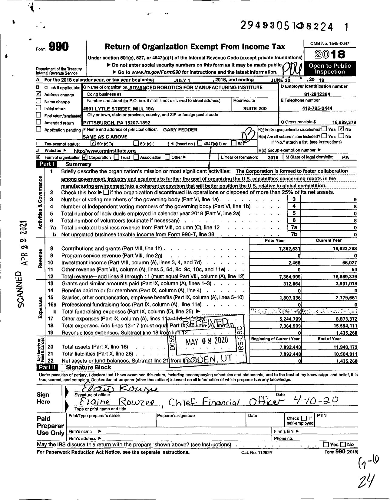 Image of first page of 2018 Form 990 for Advanced Robotics for Manufacturing Institute