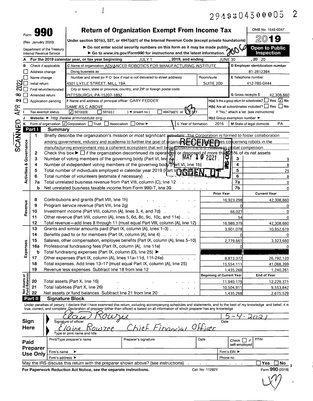 Image of first page of 2019 Form 990 for Advanced Robotics for Manufacturing Institute