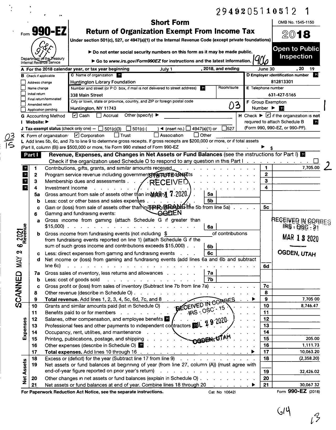 Image of first page of 2018 Form 990EZ for Huntington Library Foundation