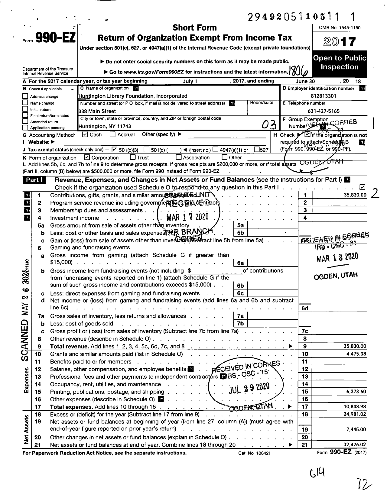 Image of first page of 2017 Form 990EZ for Huntington Library Foundation