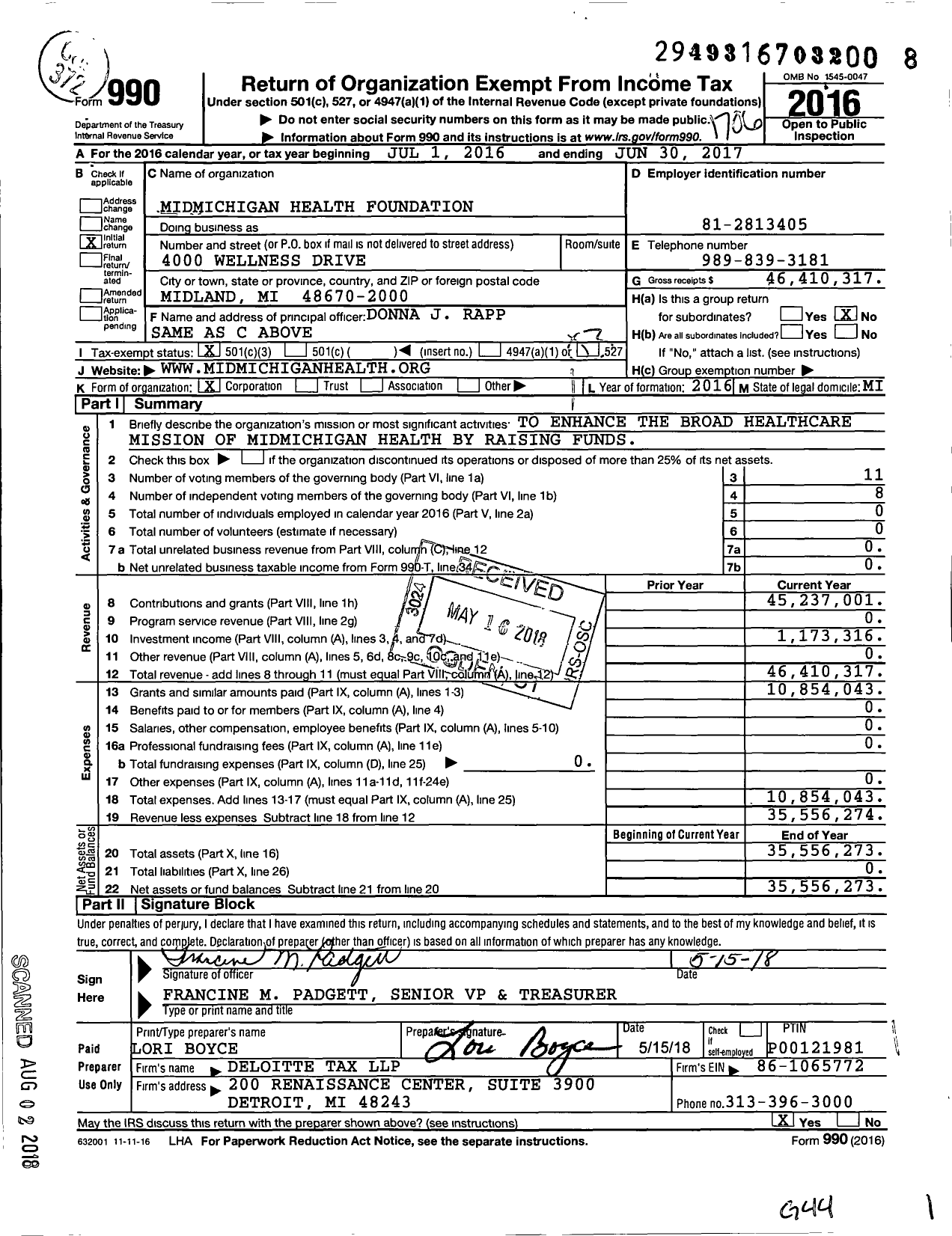 Image of first page of 2016 Form 990 for Mymichigan Health Foundation
