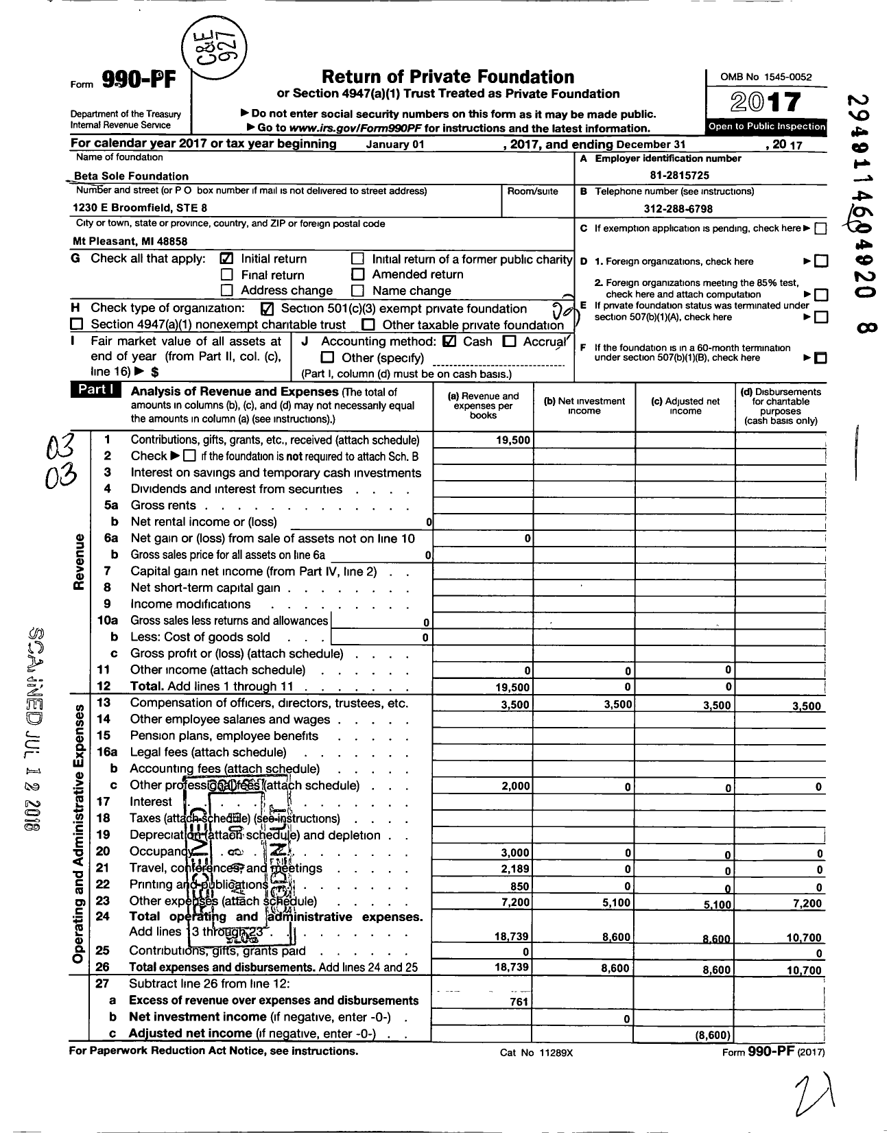 Image of first page of 2017 Form 990PF for Beta Sole Foundation