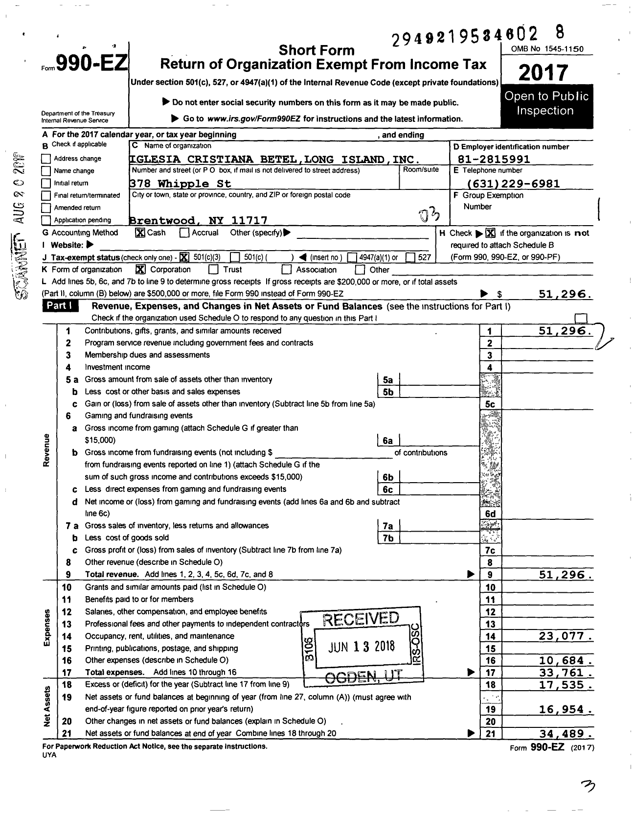 Image of first page of 2017 Form 990EZ for Iglesia Cristiana Betel Long Island