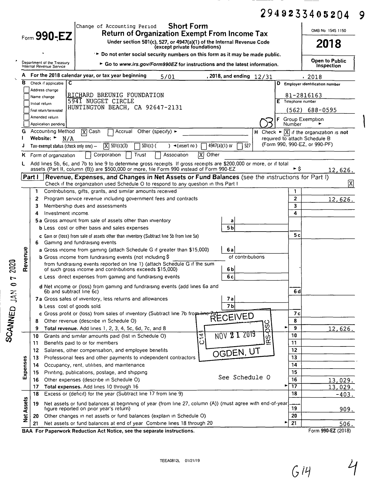 Image of first page of 2018 Form 990EZ for Richard Breunig Foundation