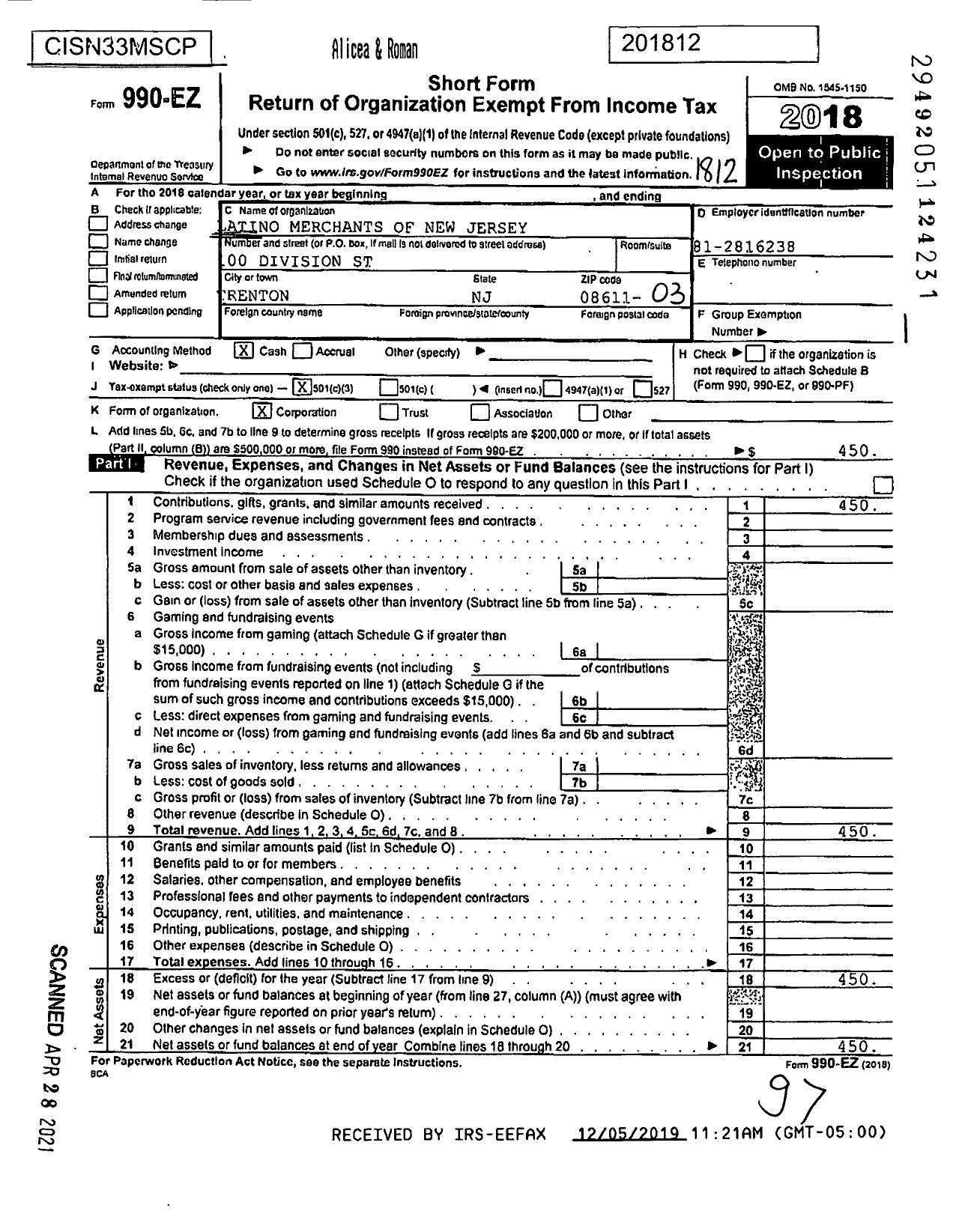 Image of first page of 2018 Form 990EZ for Latino Merchants Association of NJ