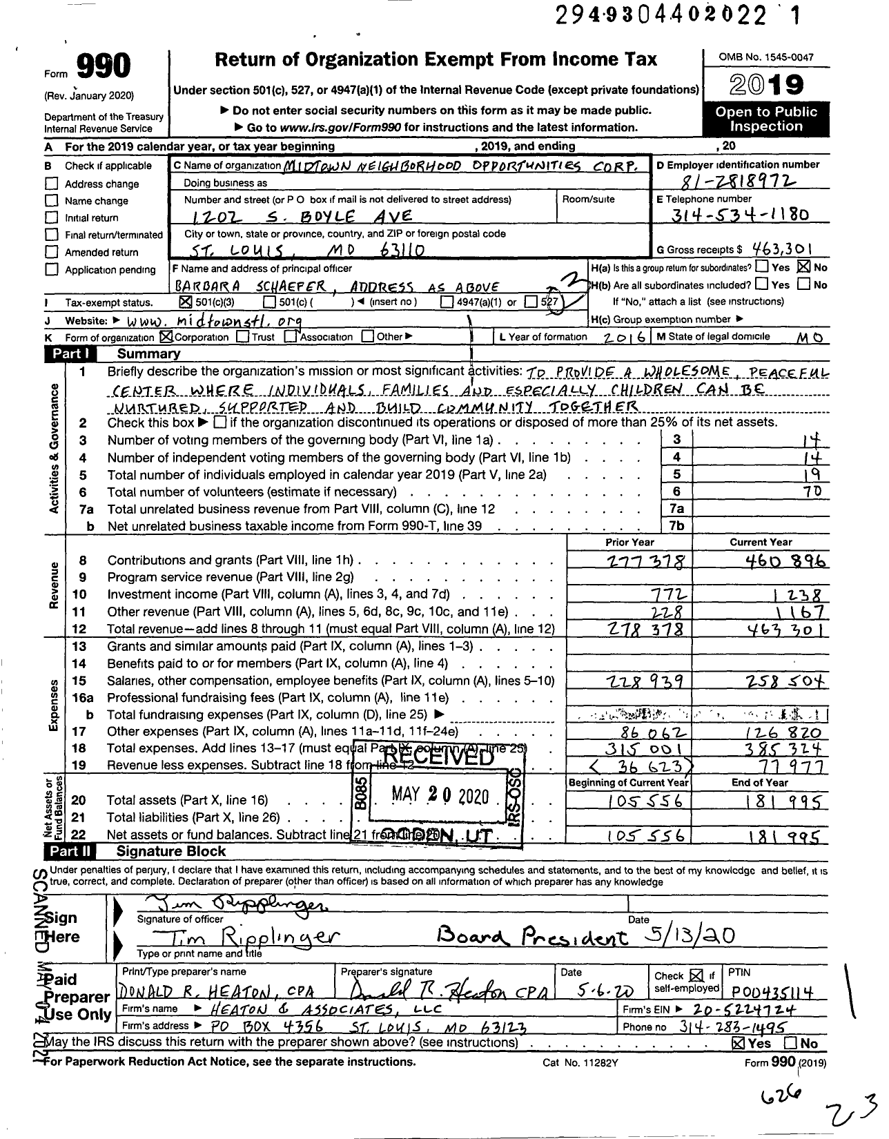 Image of first page of 2019 Form 990 for Midtown Neighborhood Opportunities Corporation