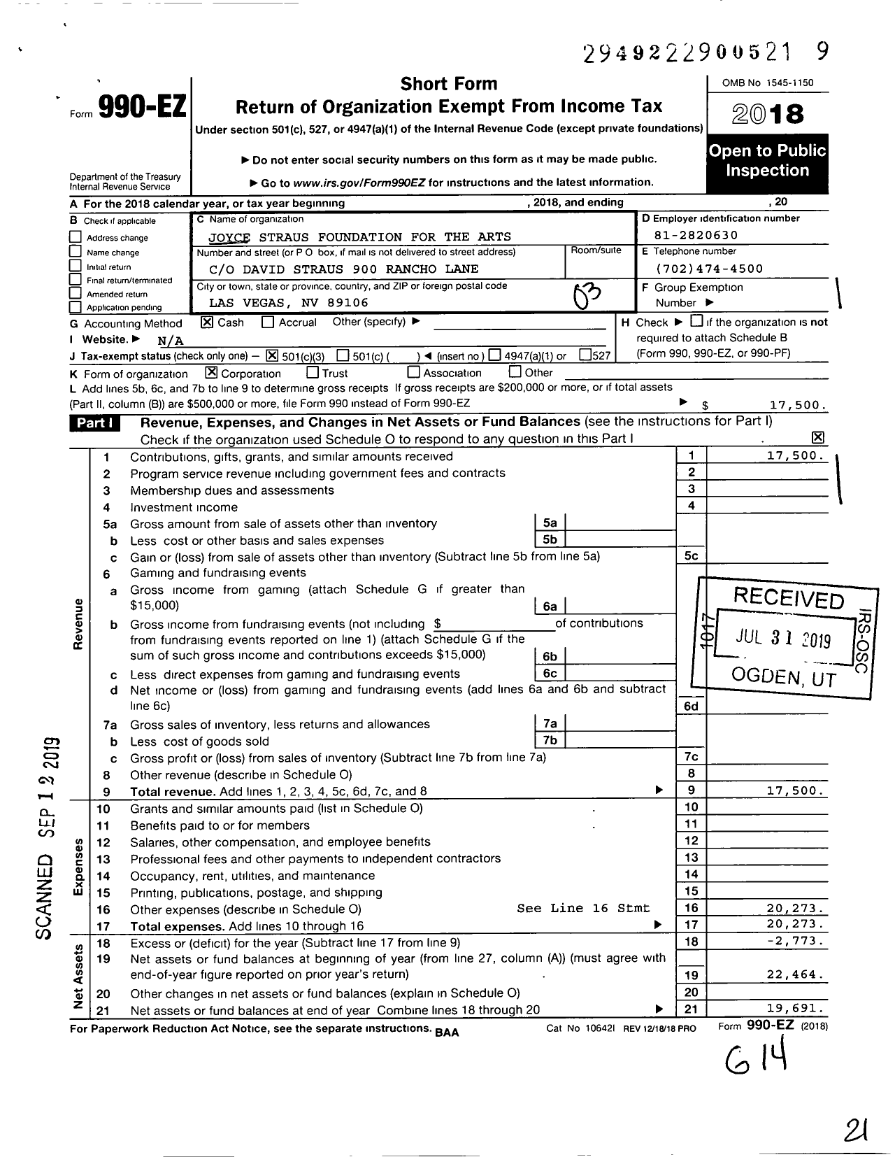 Image of first page of 2018 Form 990EZ for Joyce Straus Foundation for the Arts