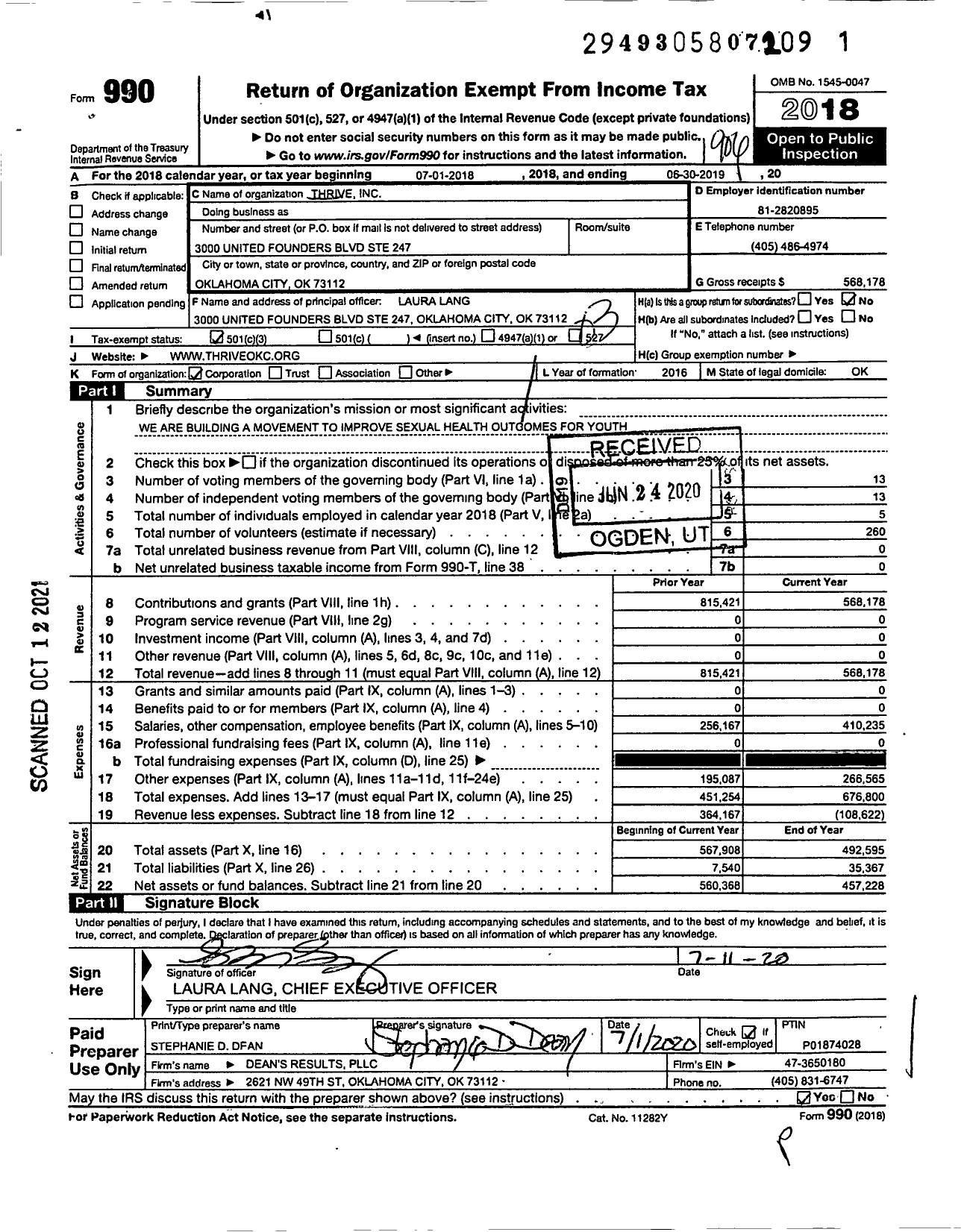 Image of first page of 2018 Form 990 for Honestly / Laura Lang