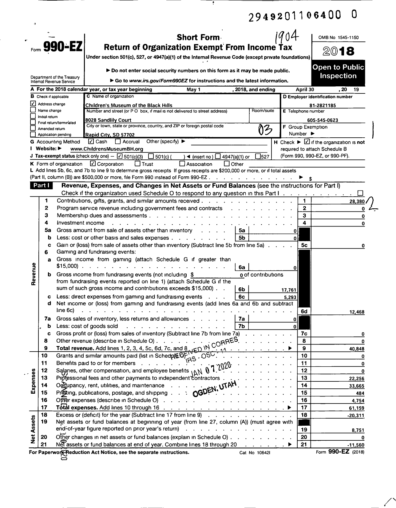 Image of first page of 2018 Form 990EZ for Childrens Museum of the Black Hills