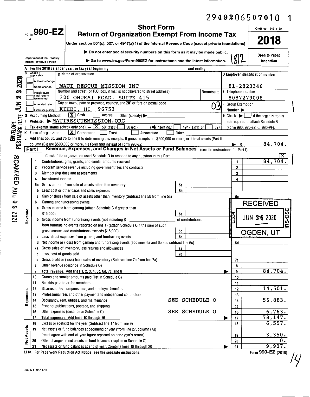 Image of first page of 2018 Form 990EZ for Maui Rescue Mission