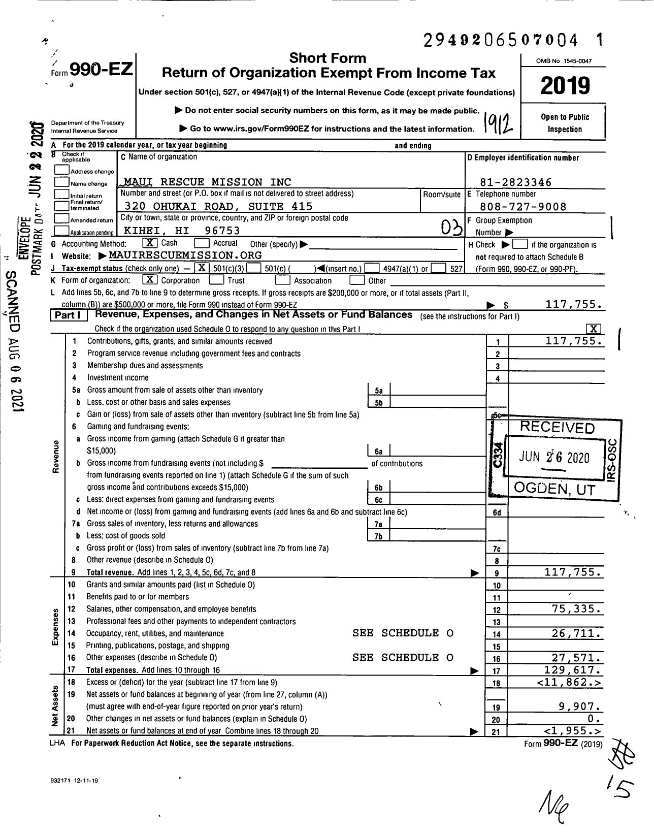 Image of first page of 2019 Form 990EZ for Maui Rescue Mission