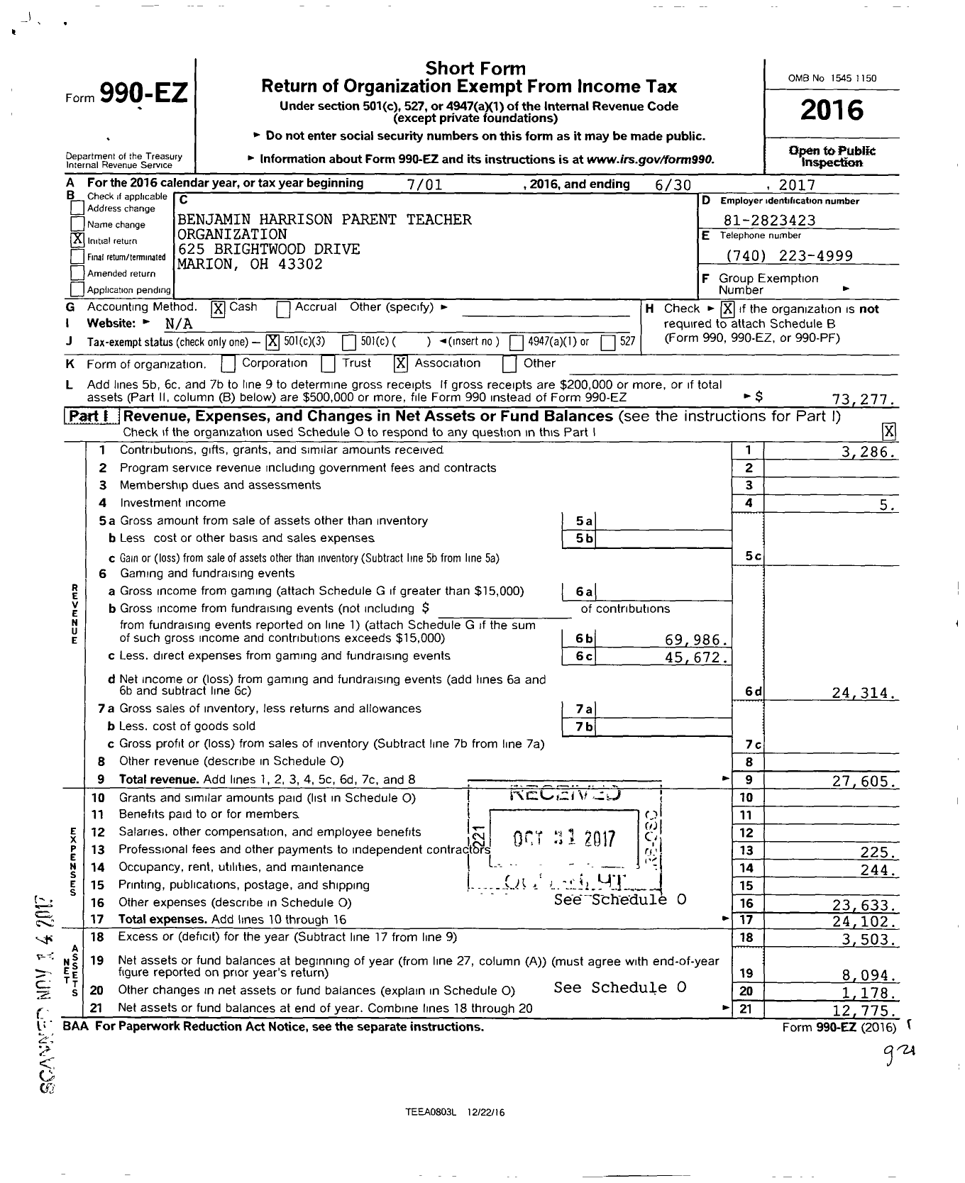 Image of first page of 2016 Form 990EZ for Benjamin Harrison Parent Teacher Organizer