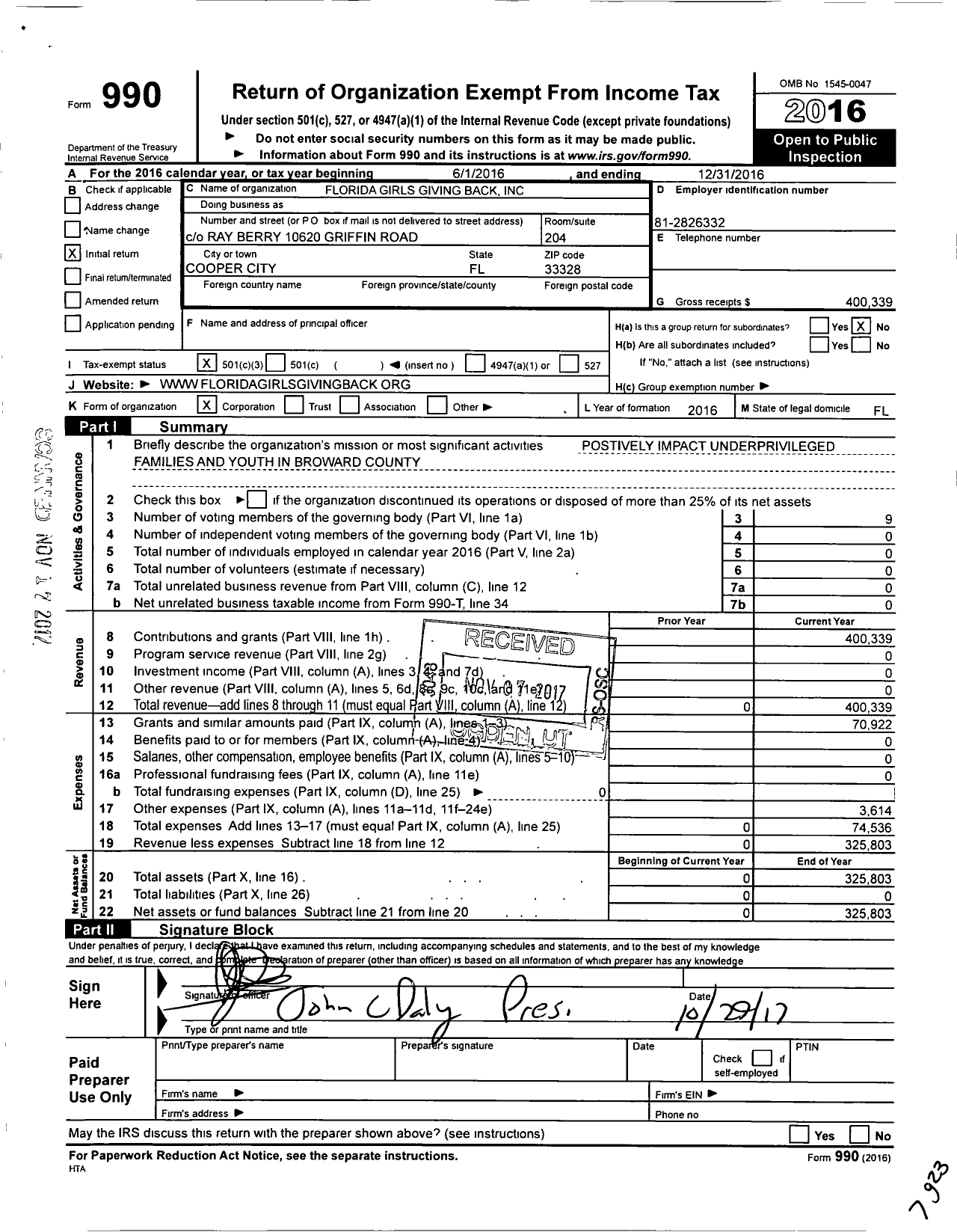 Image of first page of 2016 Form 990 for Florida Girls Giving Back