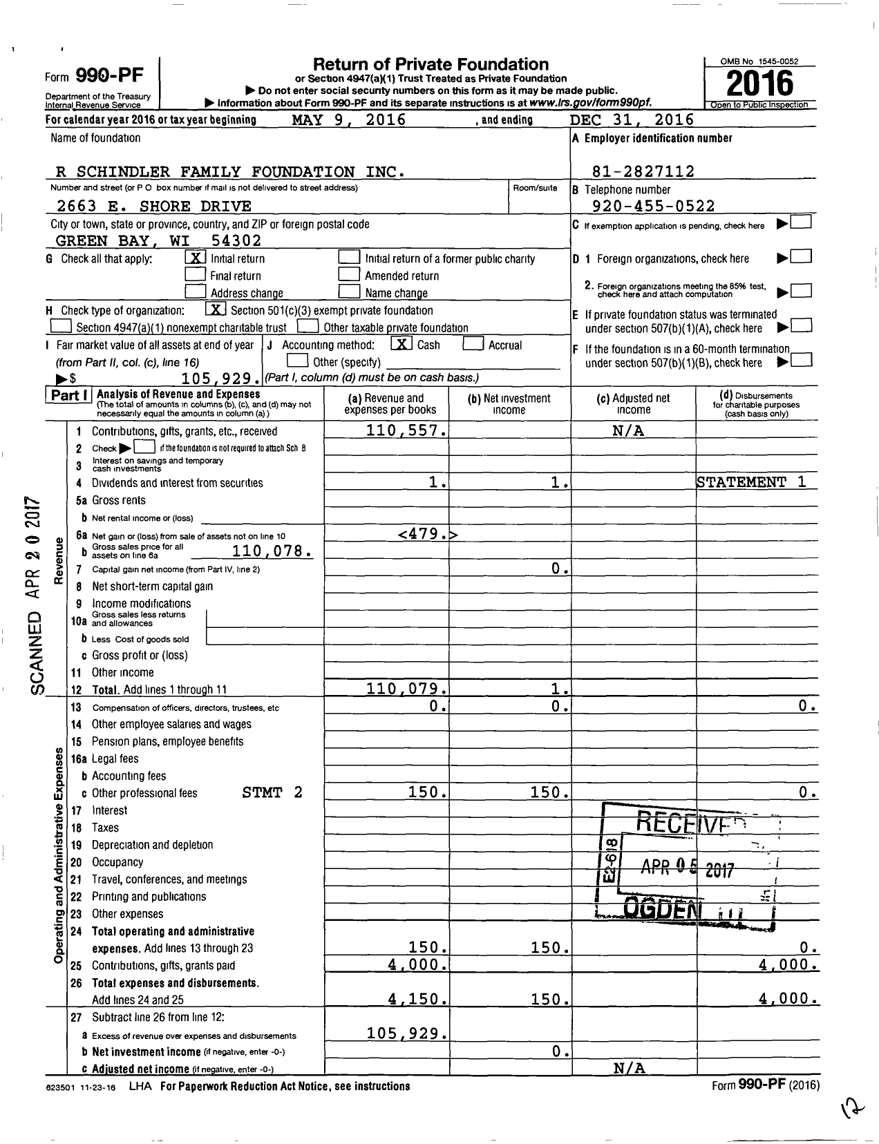 Image of first page of 2016 Form 990PF for R Schindler Family Foundation