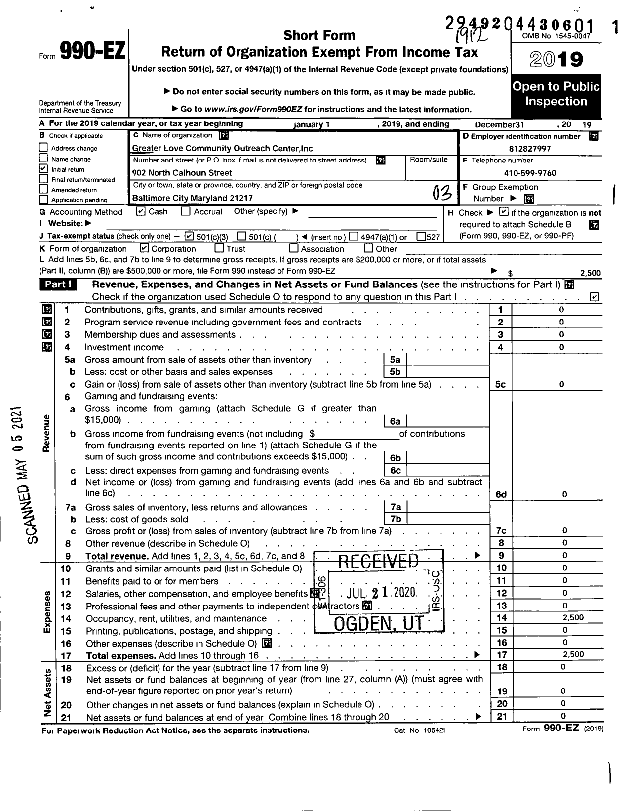 Image of first page of 2019 Form 990EZ for Greater Love Community Outreach Center