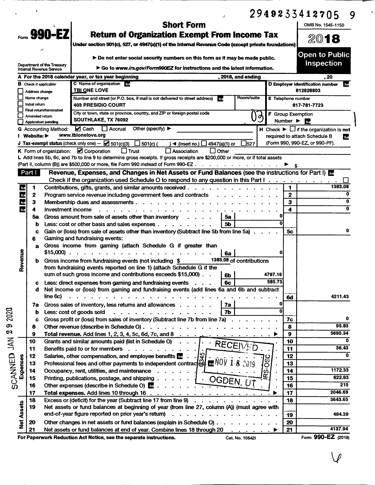 Image of first page of 2018 Form 990EZ for Tbi One Love