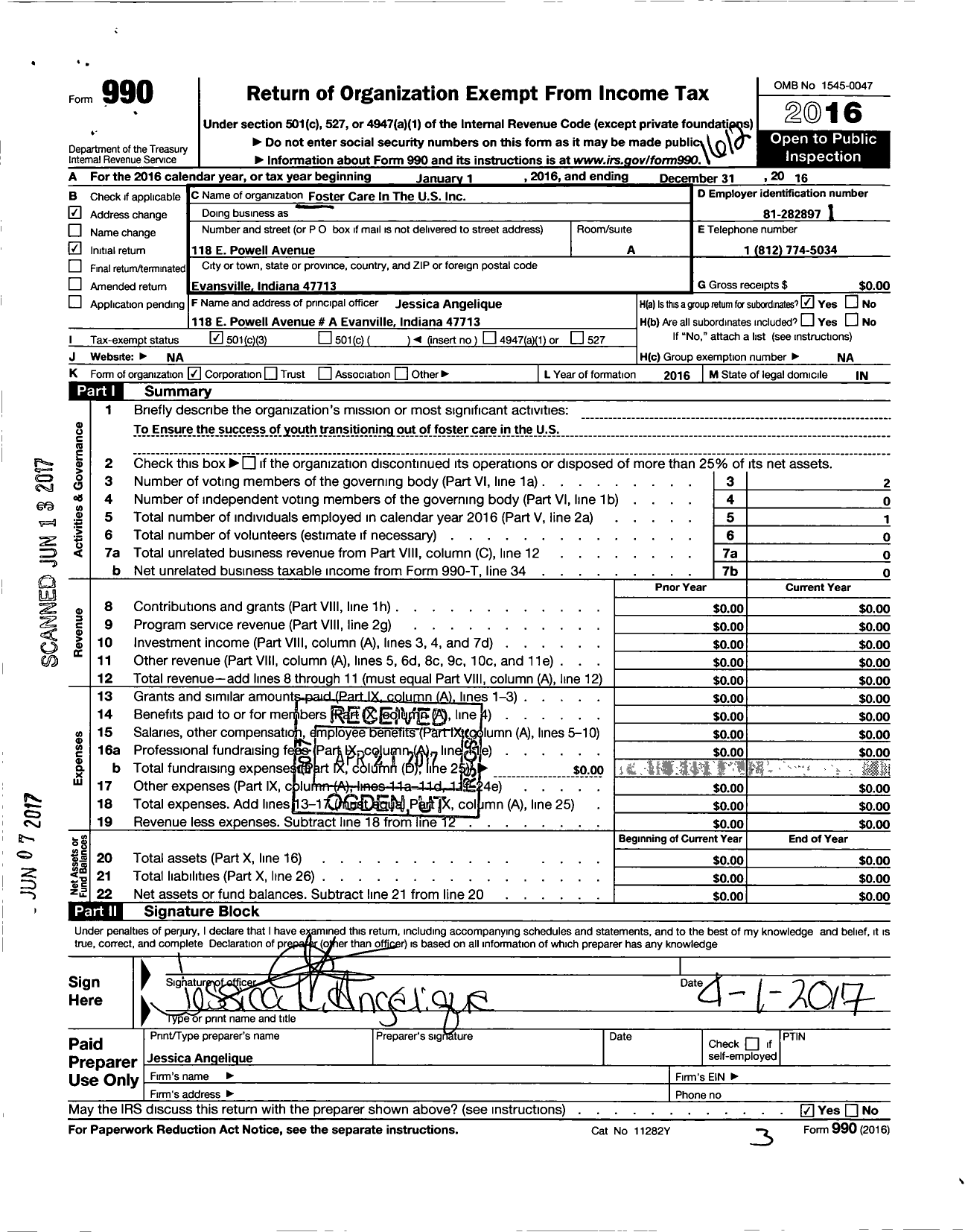 Image of first page of 2016 Form 990 for Foster Care in the US