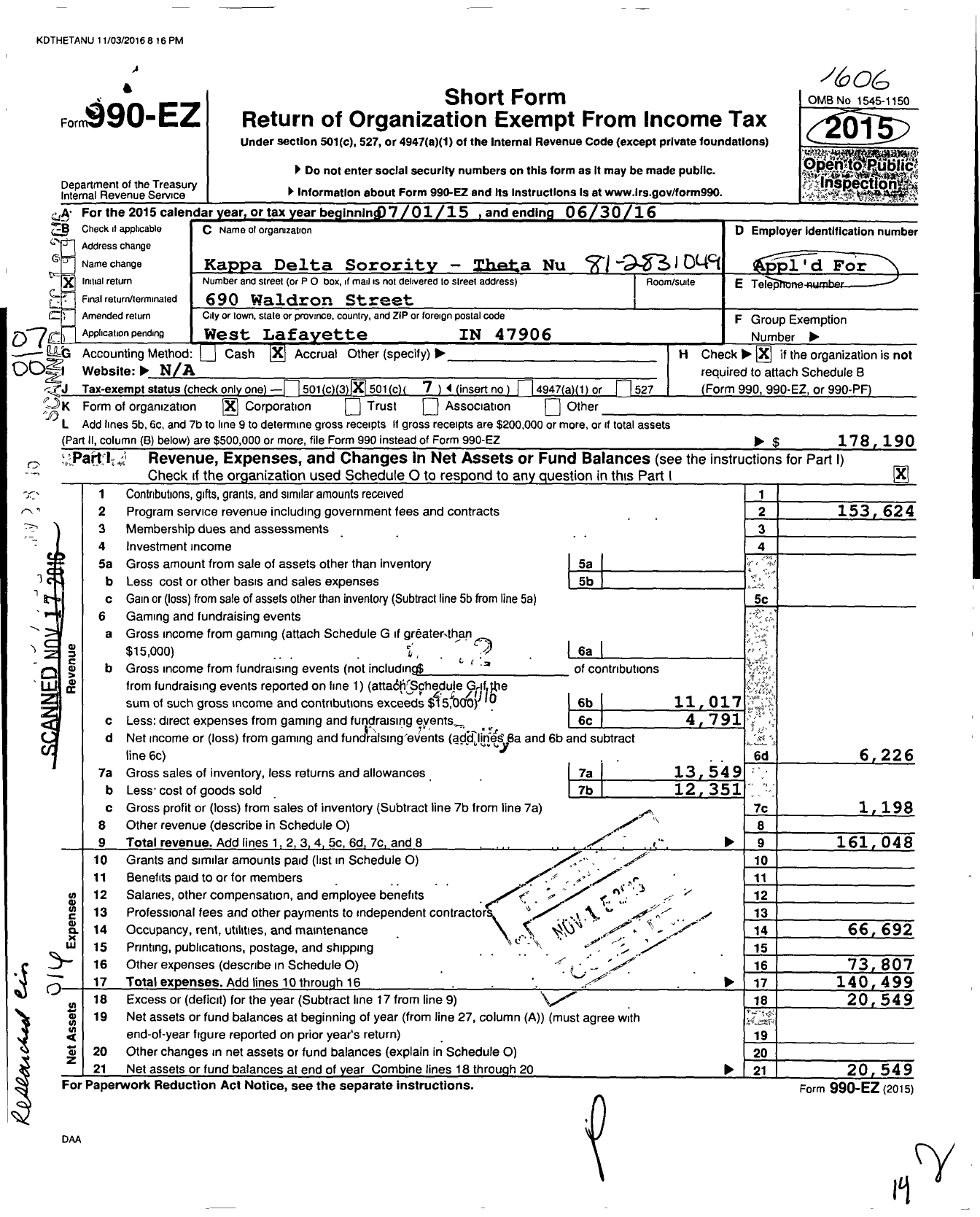 Image of first page of 2015 Form 990EO for Theta Nu House Corporation of Kappa Delta Sorority