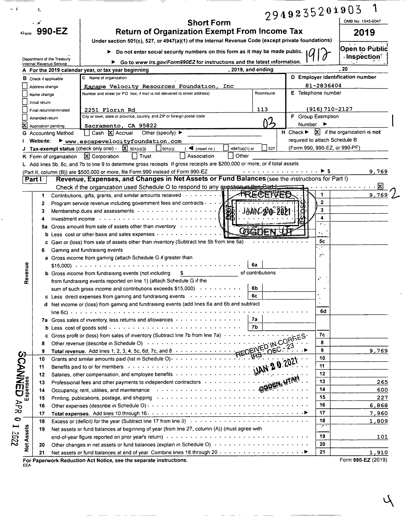 Image of first page of 2019 Form 990EZ for Escape Velocity Resources Foundation