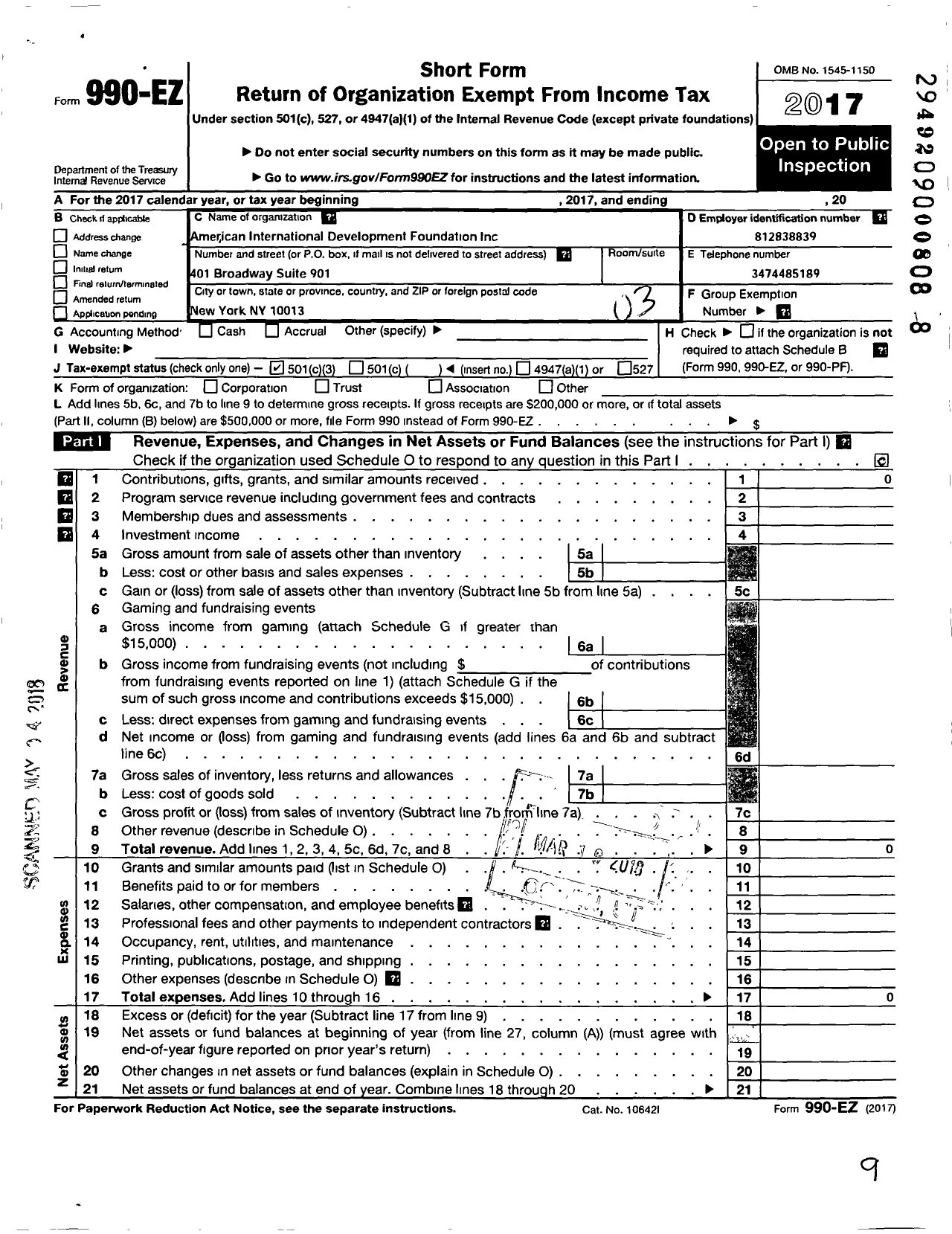 Image of first page of 2017 Form 990EZ for American International Development Foundation