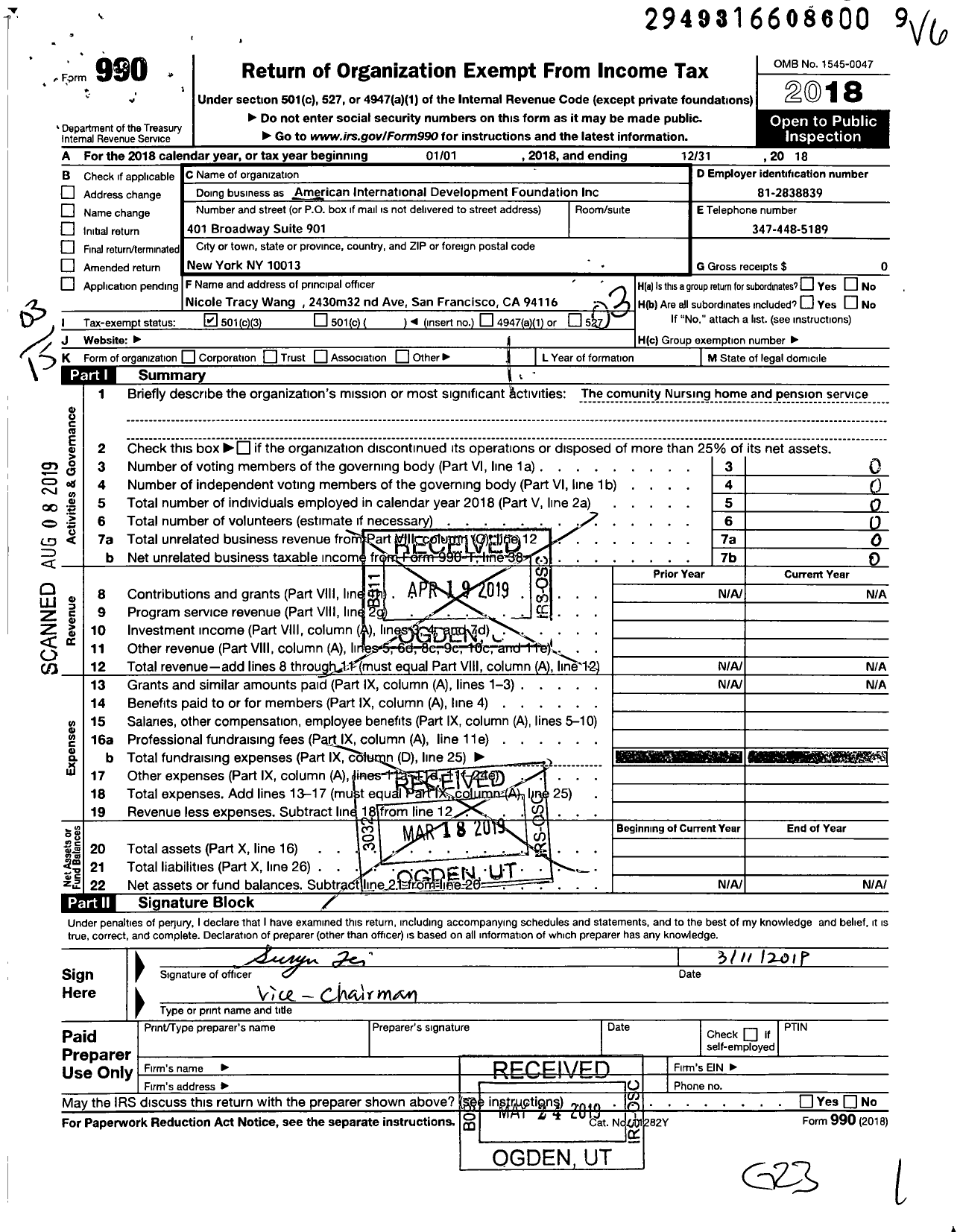 Image of first page of 2018 Form 990 for American International Development Foundation