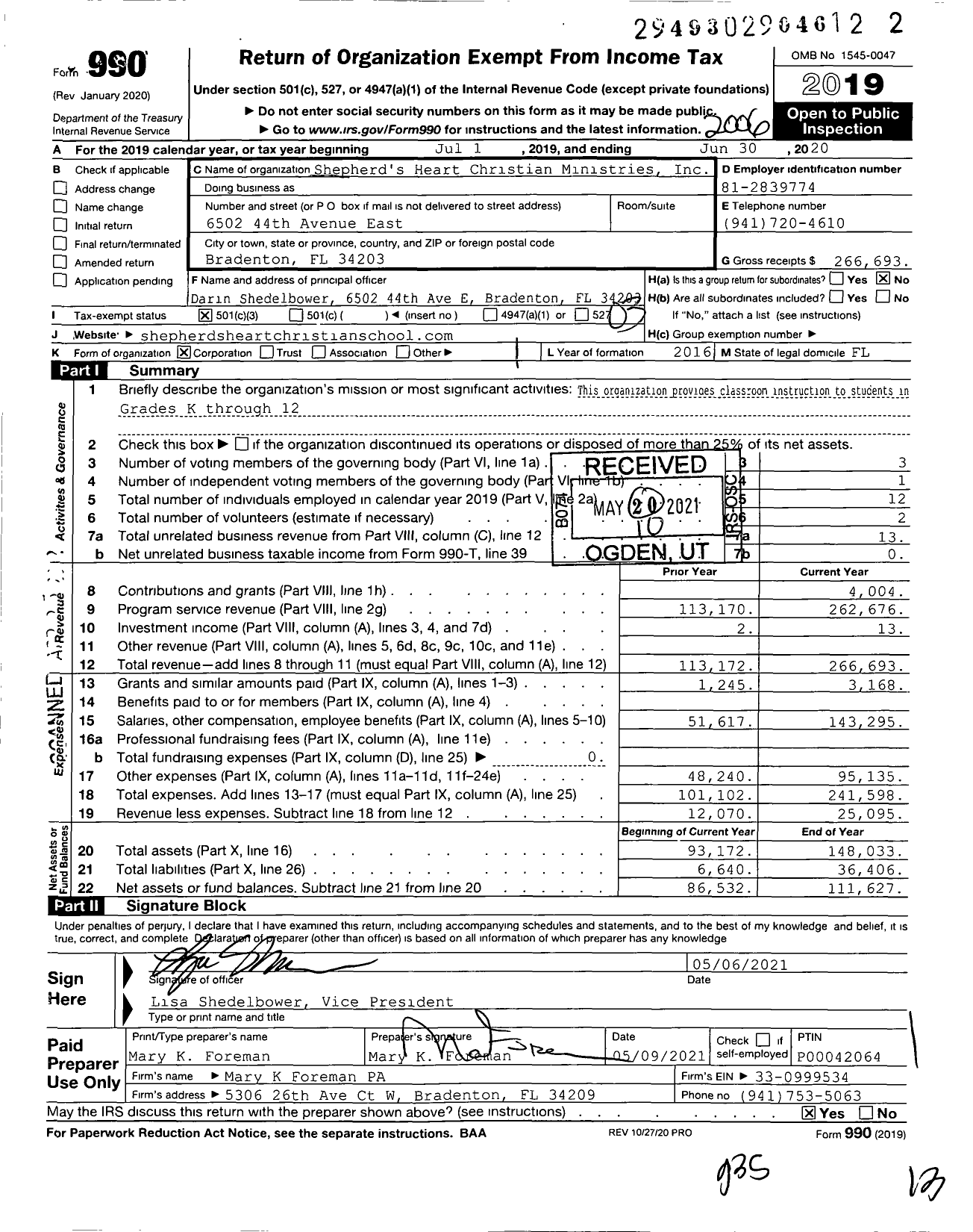 Image of first page of 2019 Form 990 for Shepherd's Heart Christian Ministries