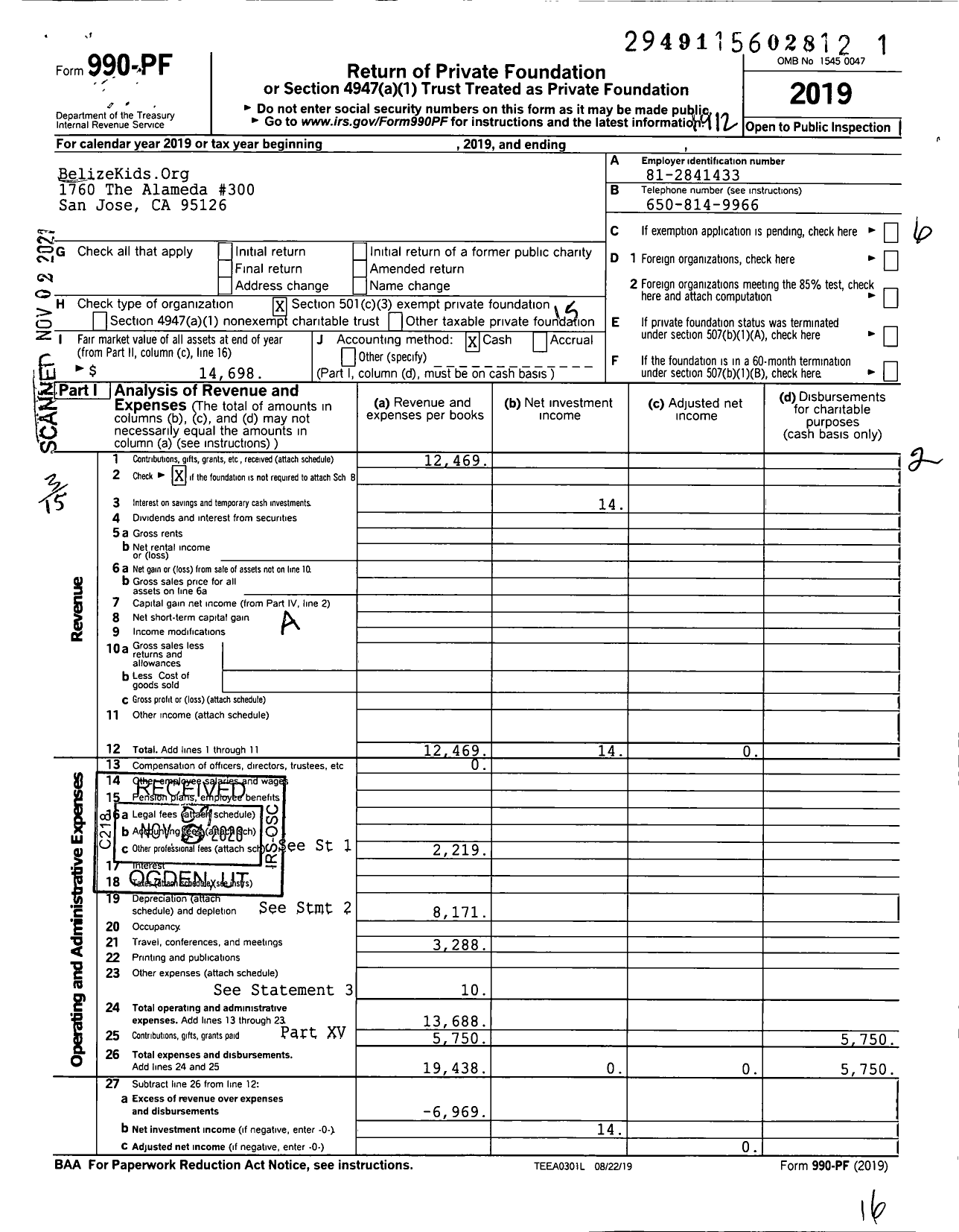 Image of first page of 2019 Form 990PF for BelizeKidsOrg