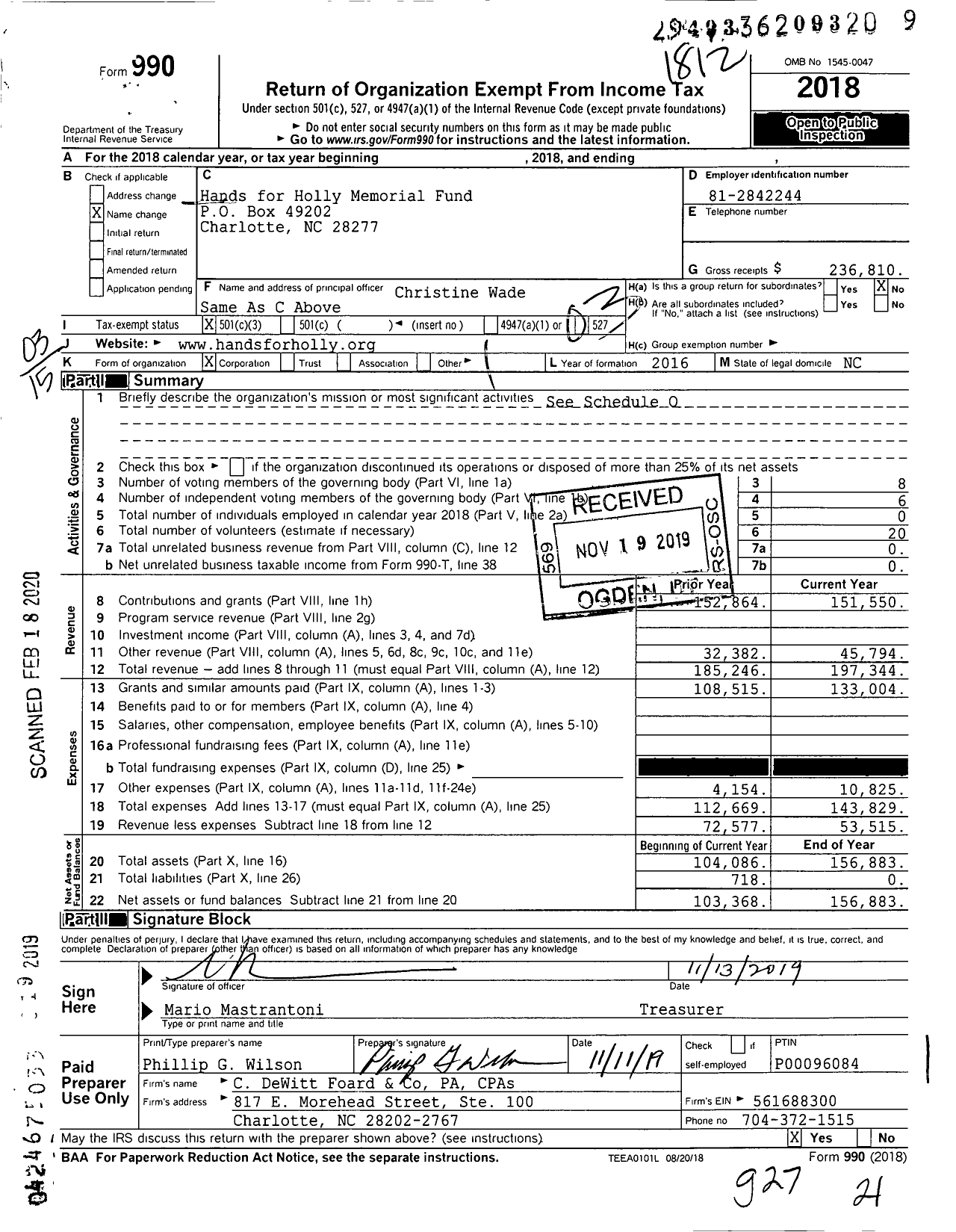 Image of first page of 2018 Form 990 for Hands for Holly Memorial Fund