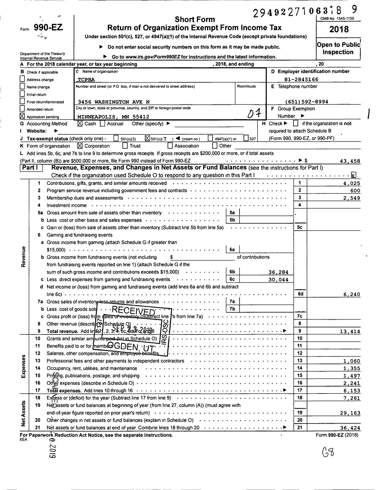 Image of first page of 2018 Form 990EO for Tcpba