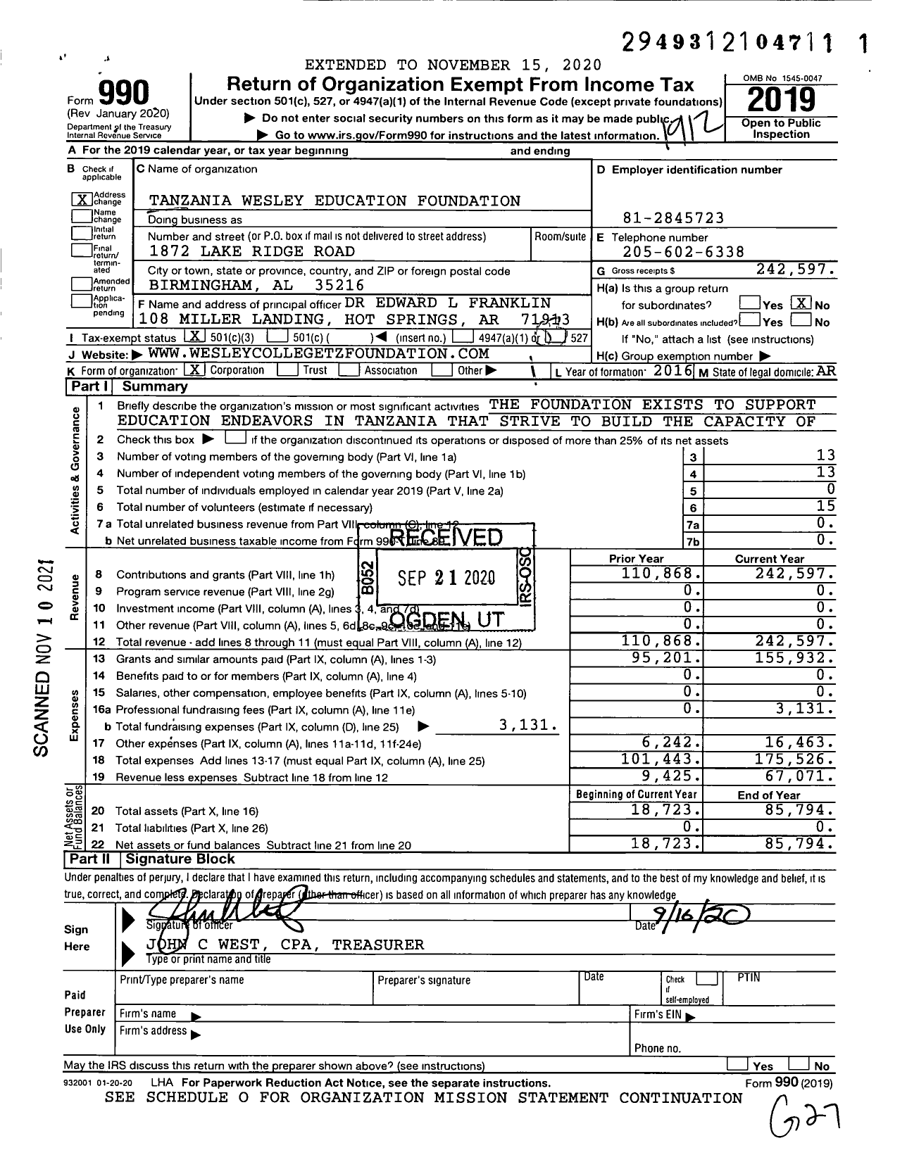 Image of first page of 2019 Form 990 for Tanzania Wesley Education Foundation