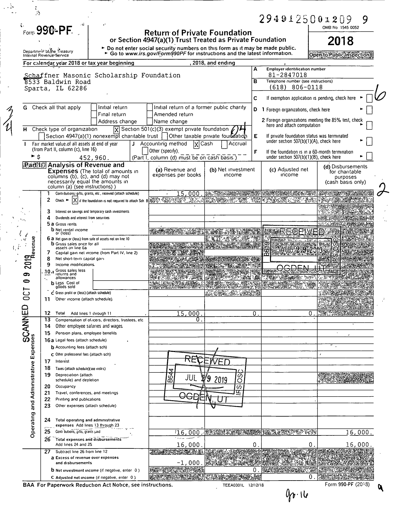 Image of first page of 2018 Form 990PF for Schaffner Masonic Scholarship Foundation