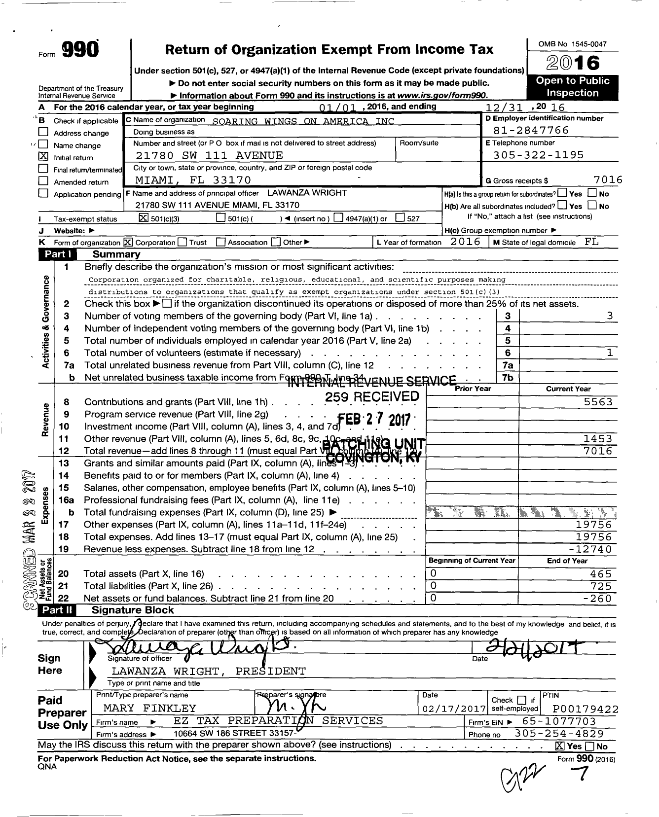 Image of first page of 2016 Form 990 for Soaring Wings on America