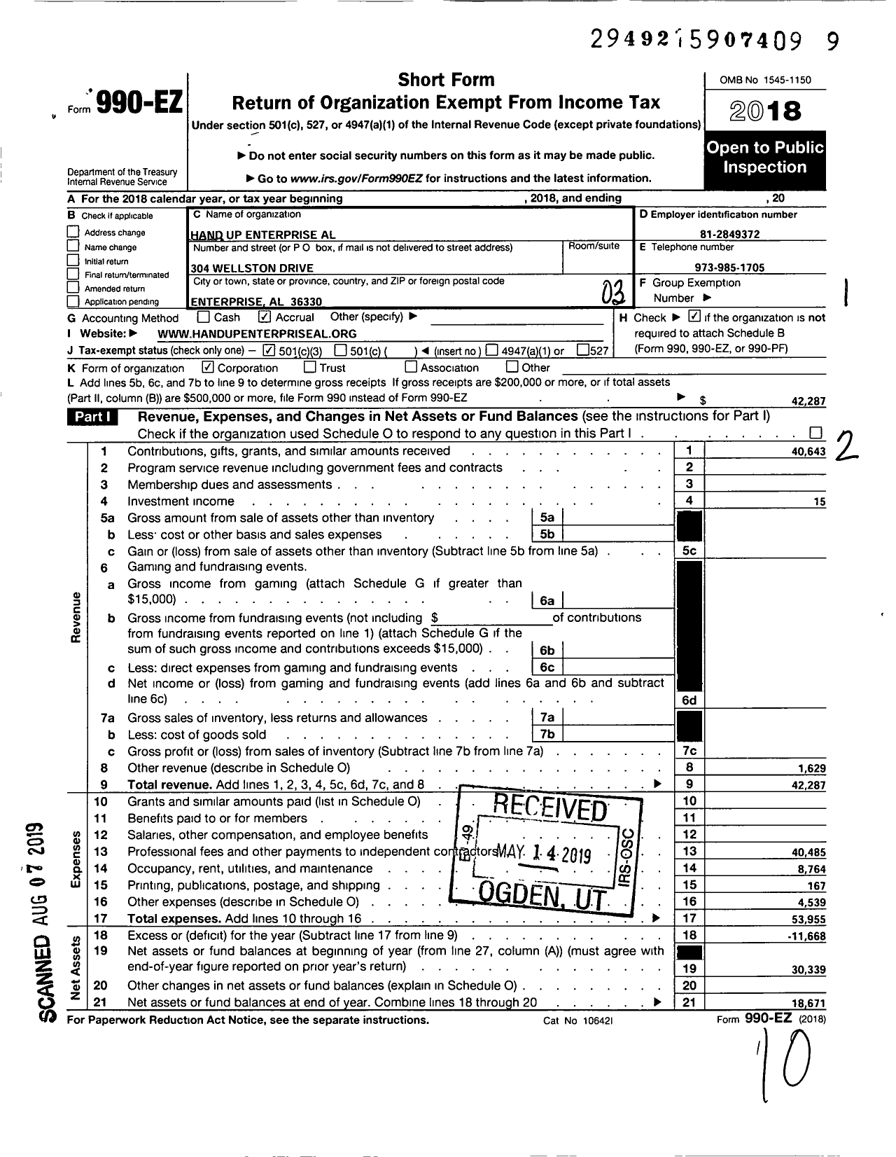 Image of first page of 2018 Form 990EZ for Hand Up Enterprise Al