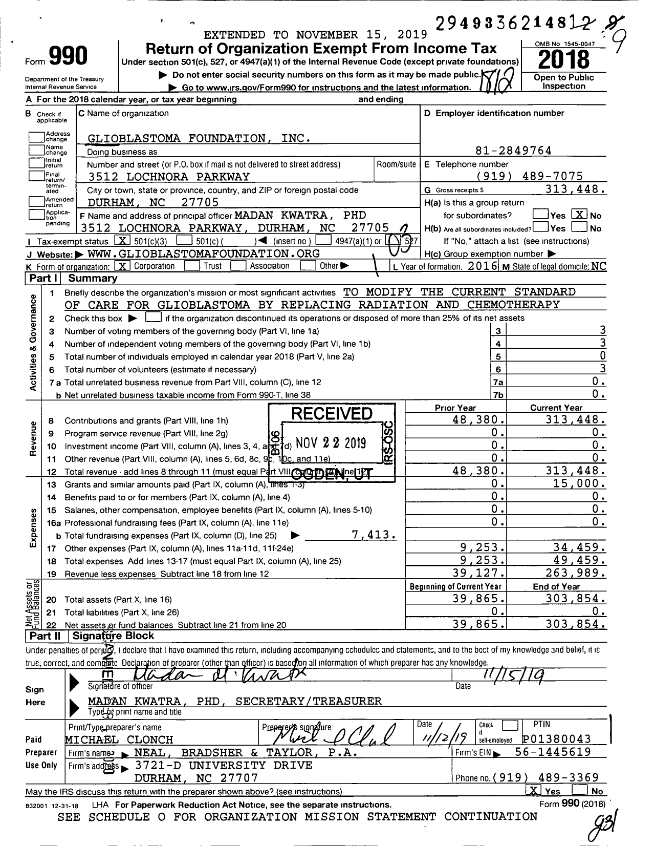 Image of first page of 2018 Form 990 for Glioblastoma Foundation