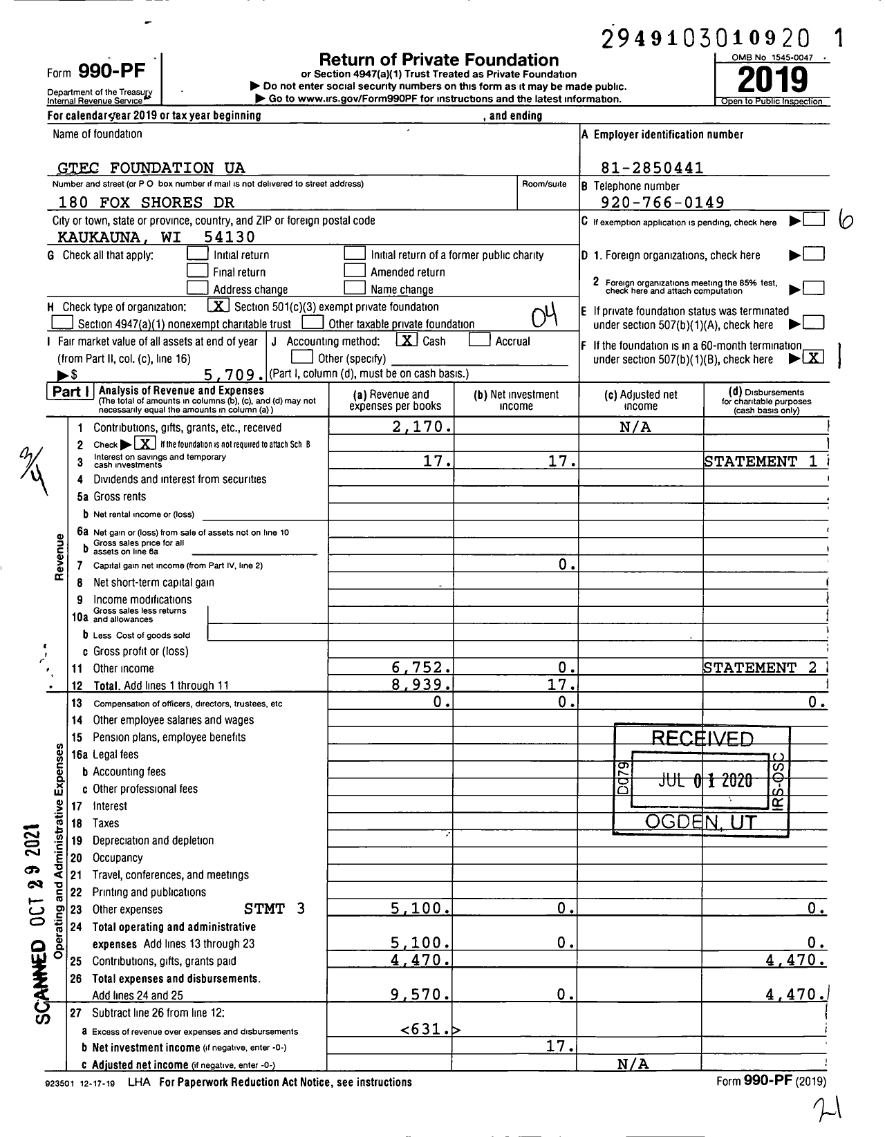 Image of first page of 2019 Form 990PF for GTFC Foundation