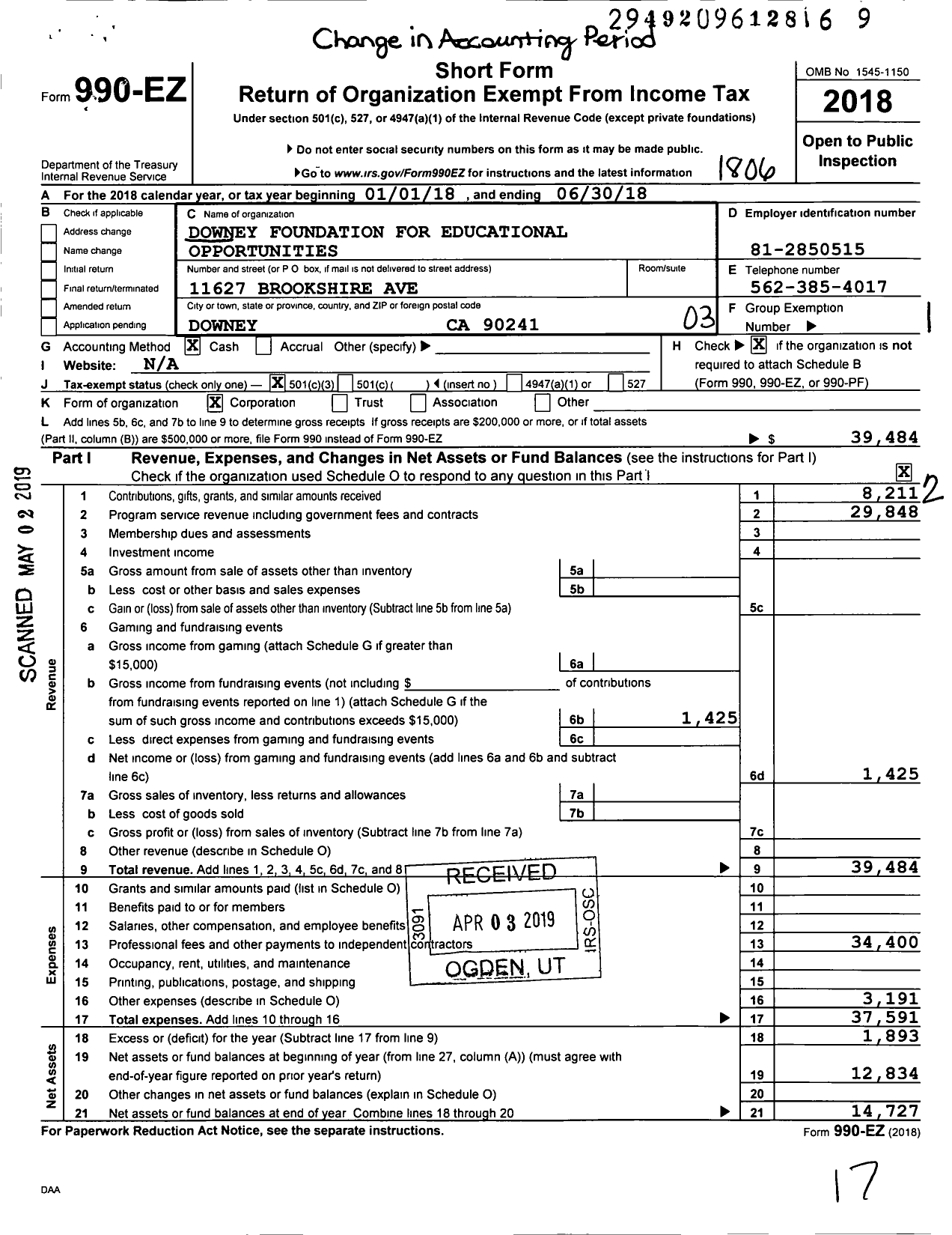 Image of first page of 2017 Form 990EZ for Downey Foundation for Educational Opportunities