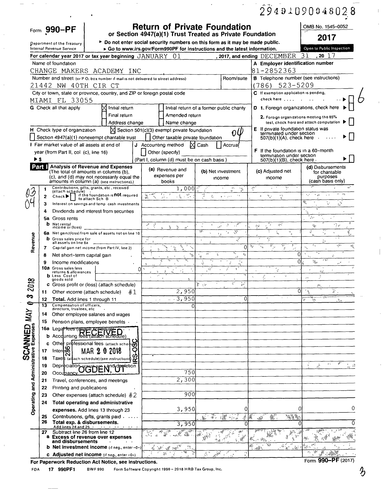 Image of first page of 2017 Form 990PF for Change Makers Academy