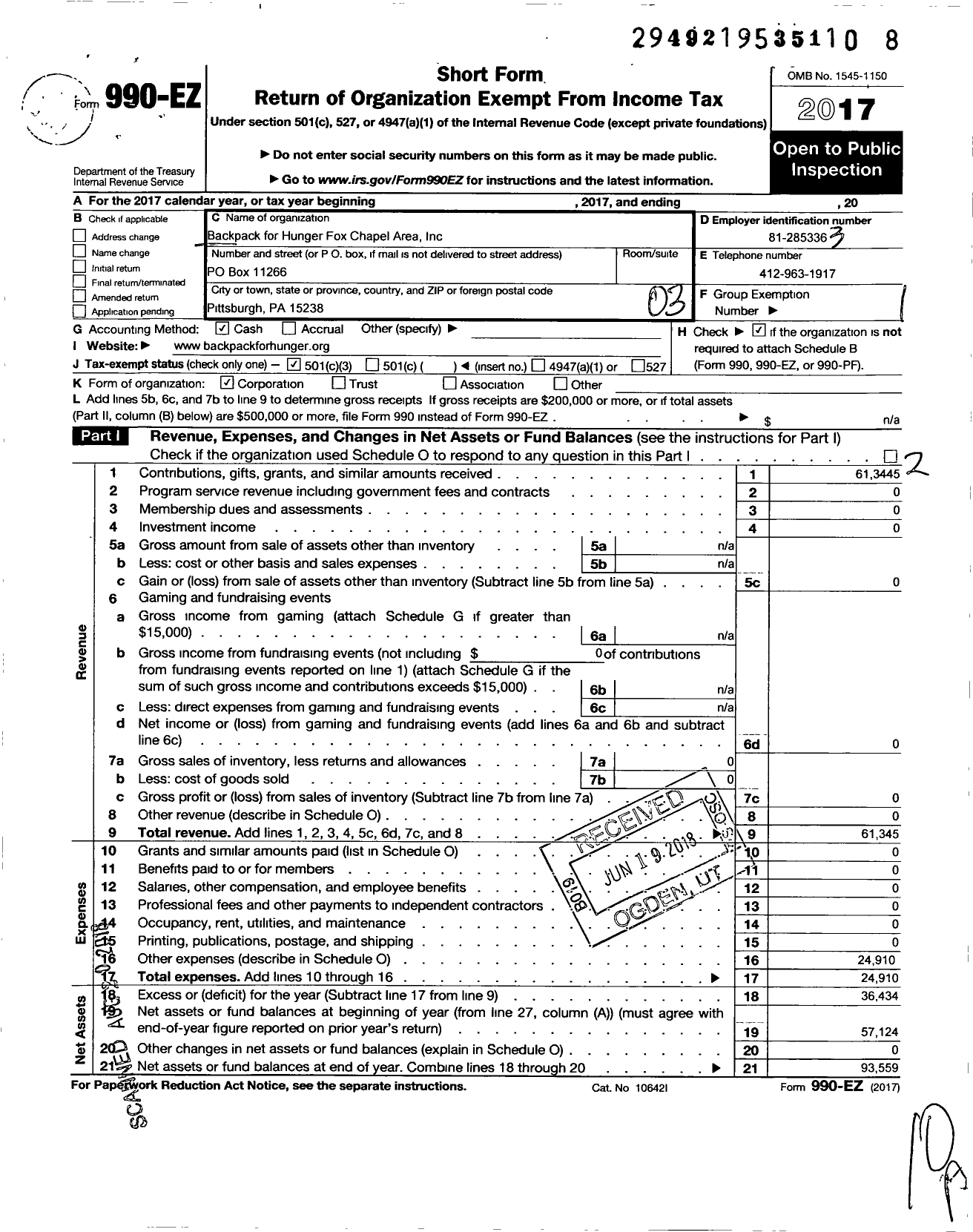 Image of first page of 2017 Form 990EZ for Backpack for Hunger Fox Chapel Aread Incorporated