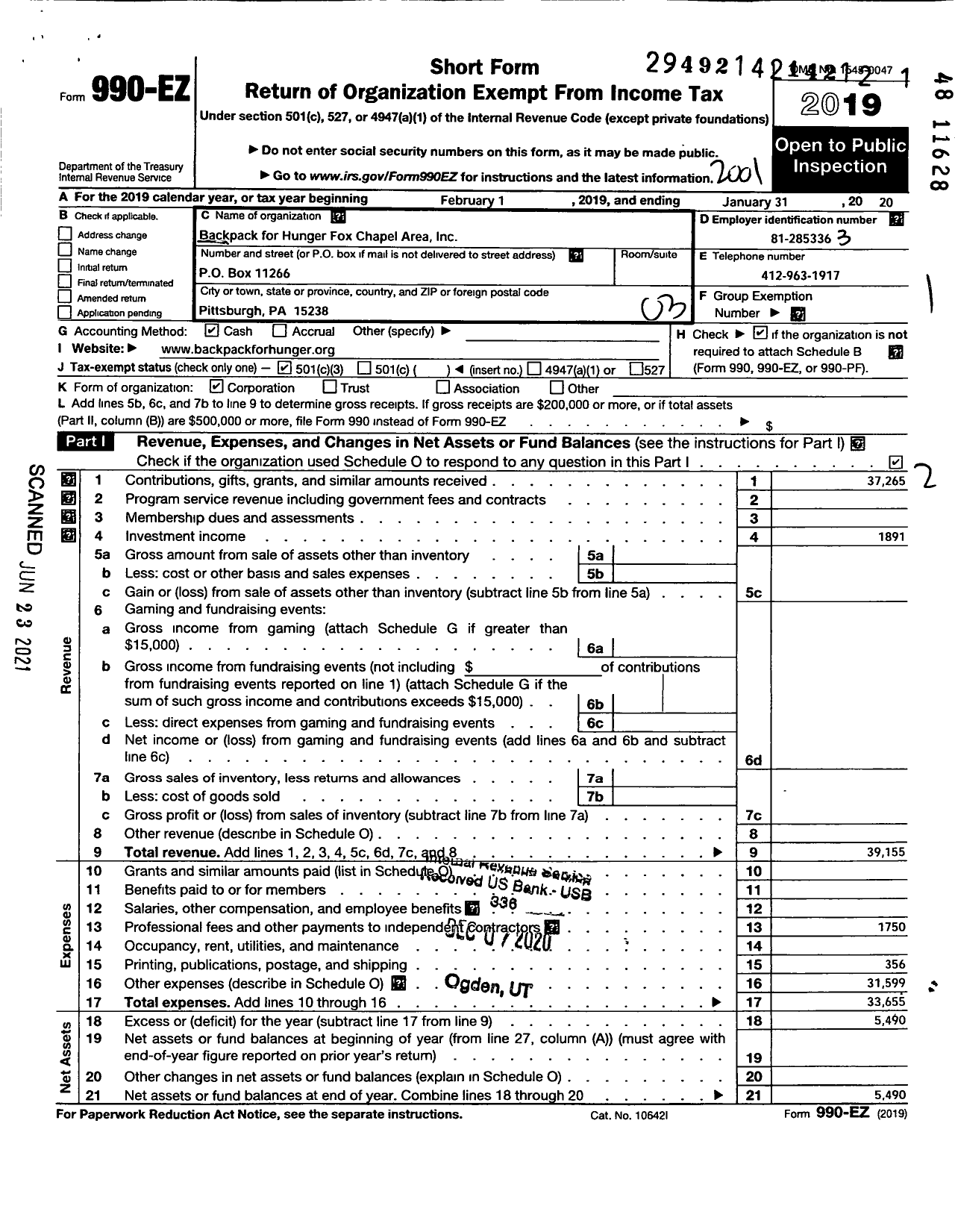 Image of first page of 2019 Form 990EZ for Backpack for Hunger Fox Chapel Aread Incorporated