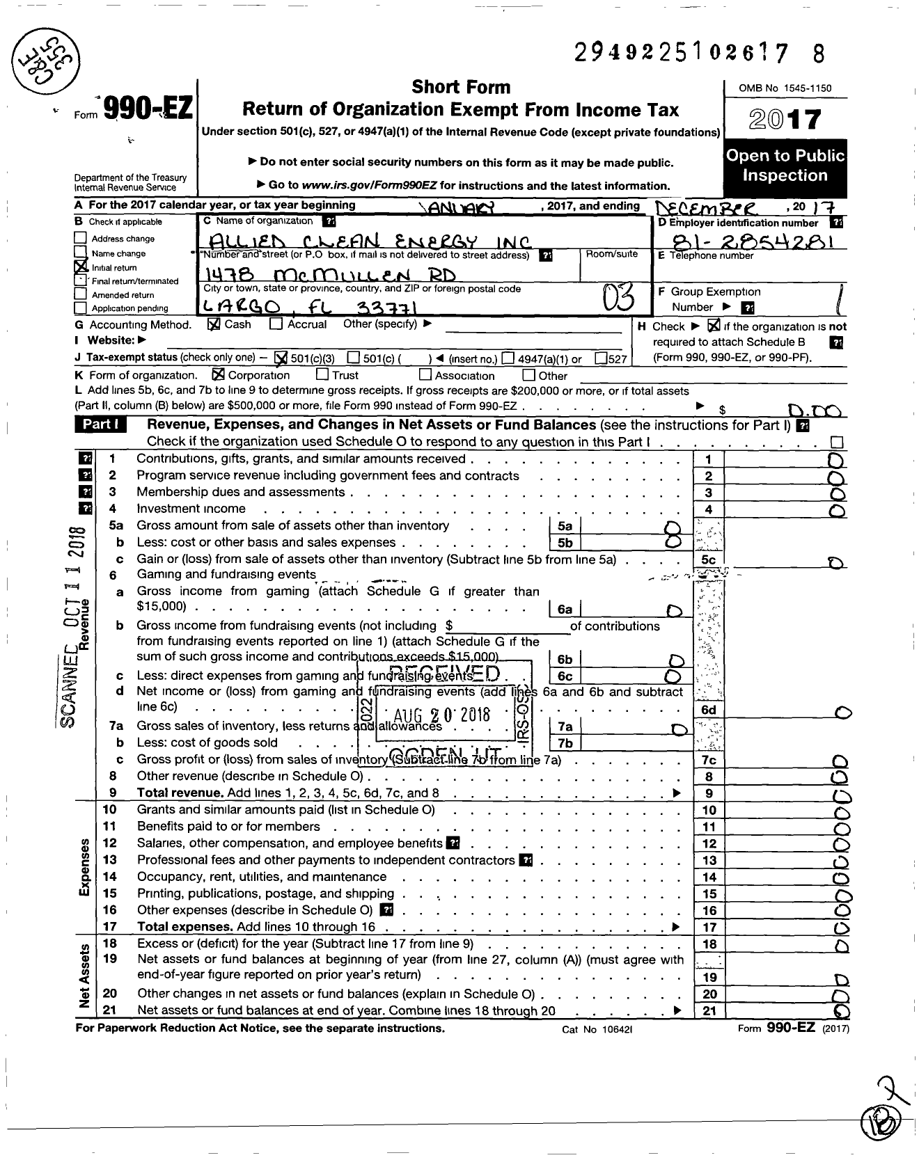 Image of first page of 2017 Form 990EZ for Allied Clean Energy